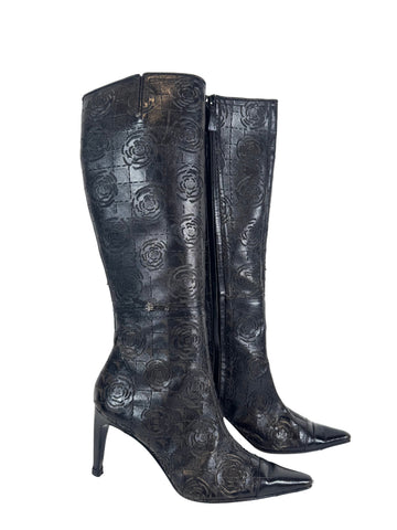 BLACK LEATHER CAMELLIA FLOWER BOOTS