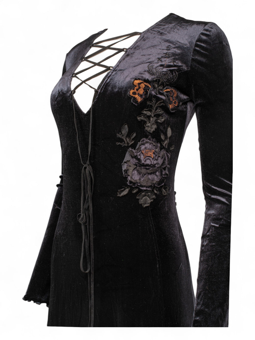 BLACK VELVET LACE UP LONGSLEEVE DRESS