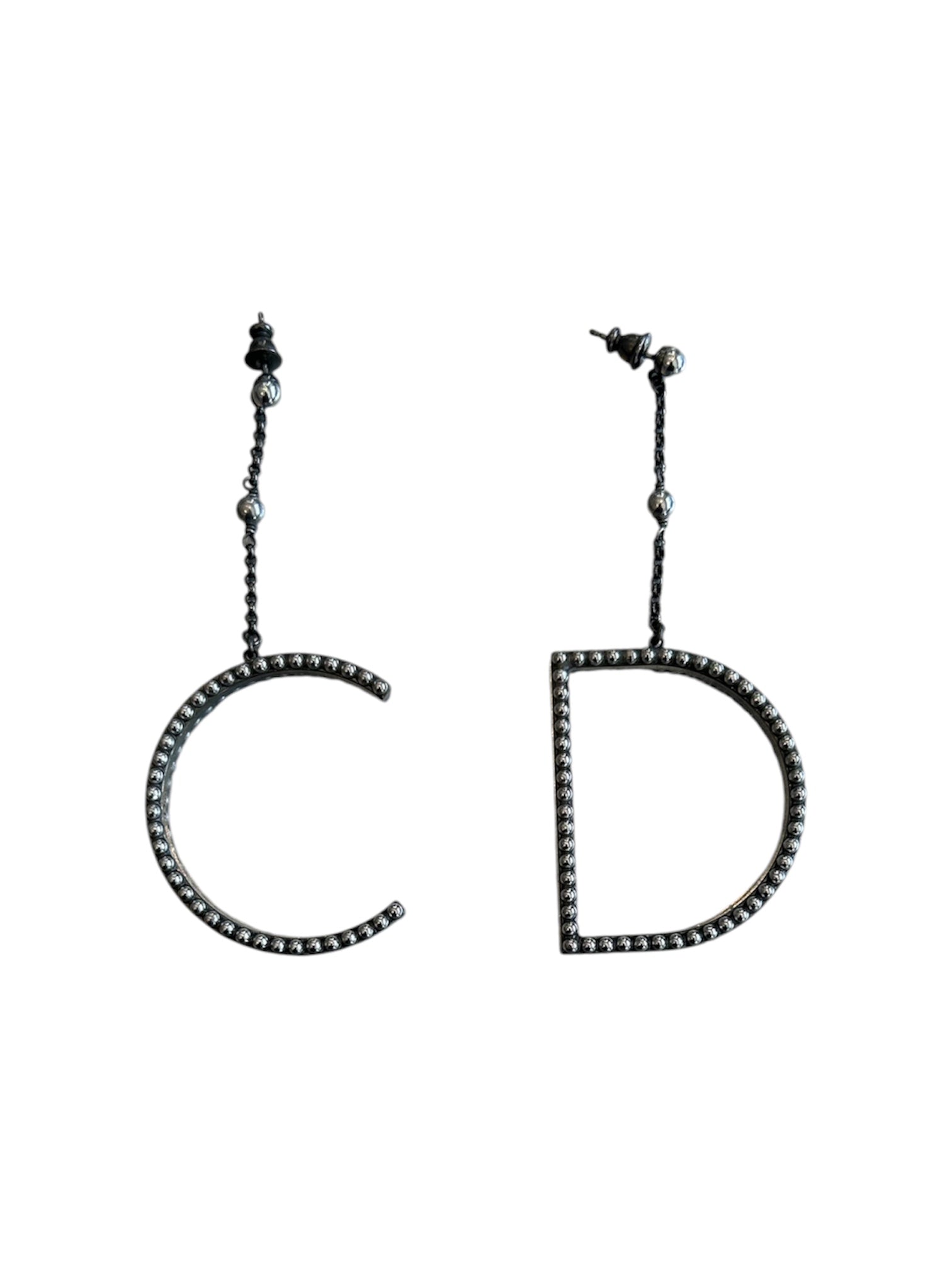 GUNMETAL STUDDED “CD” DROP EARRINGS @SM