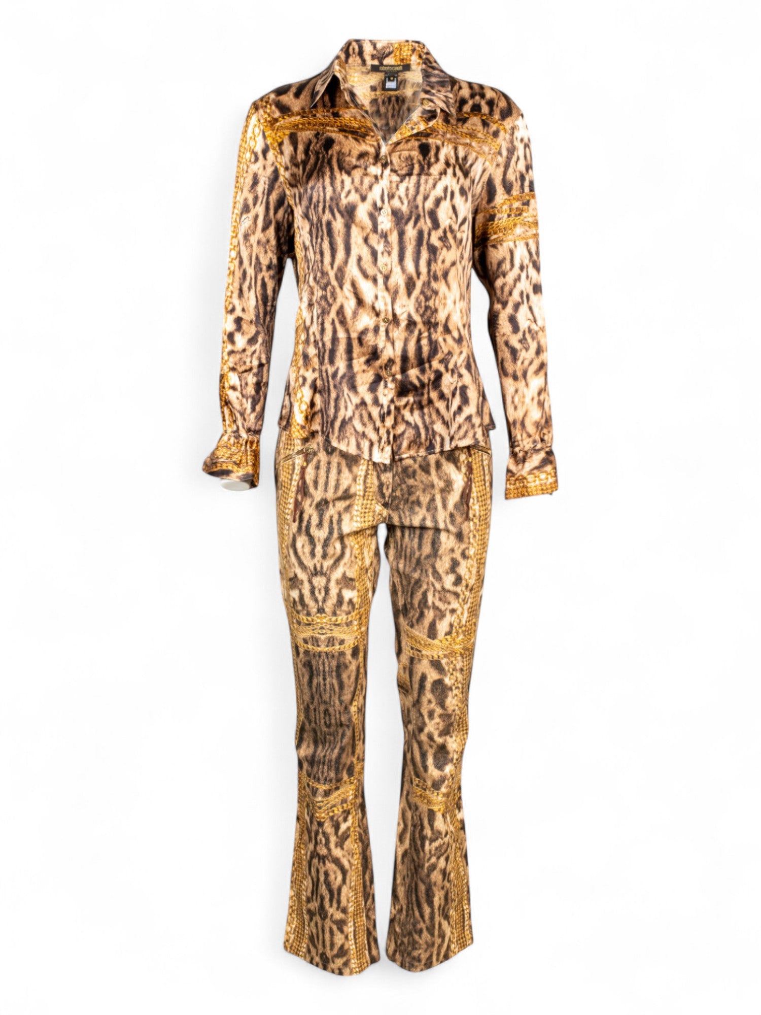 2003 CHEETAH & CHAIN SILK BLOUSE & JEANS SET