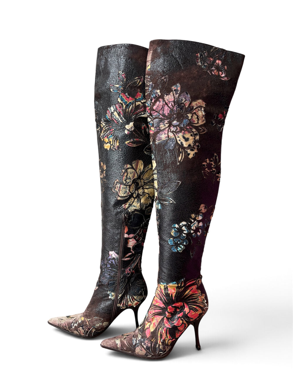 2003 FLORAL BURNOUT LEATHER & SUEDE THIGH HIGH BOOTS