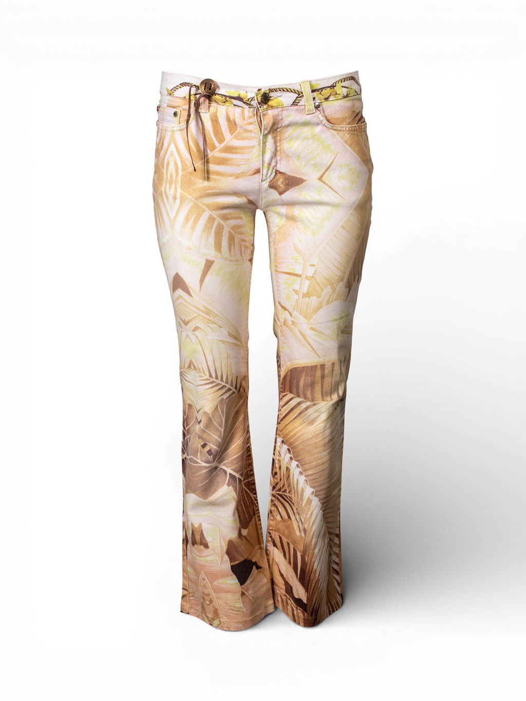 NEUTRAL PALM TREE PRINTED JEANS W TASSEL