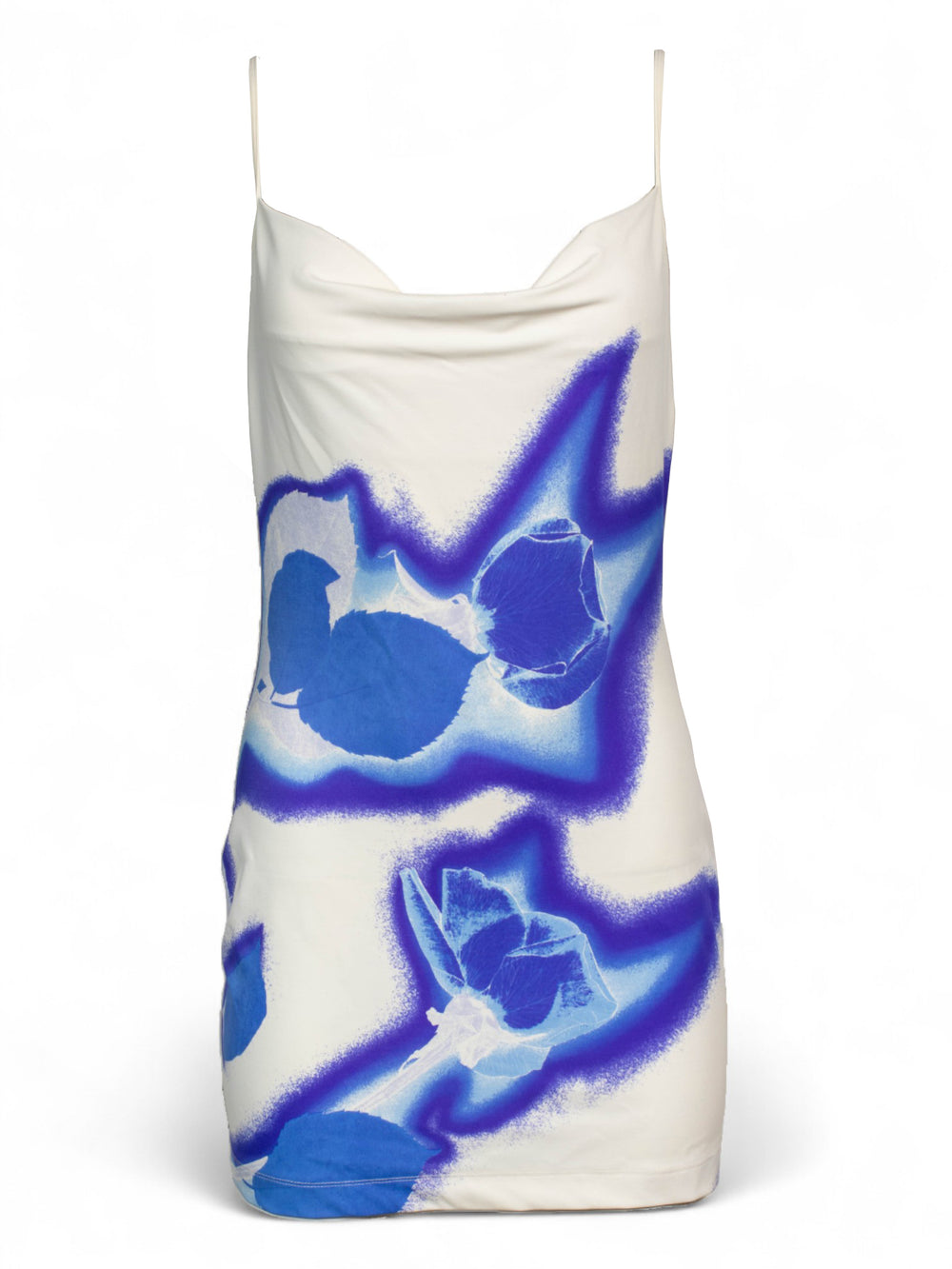 90S BLUE & WHITE ROSE PRINTED COWL NECK MINI DRESS