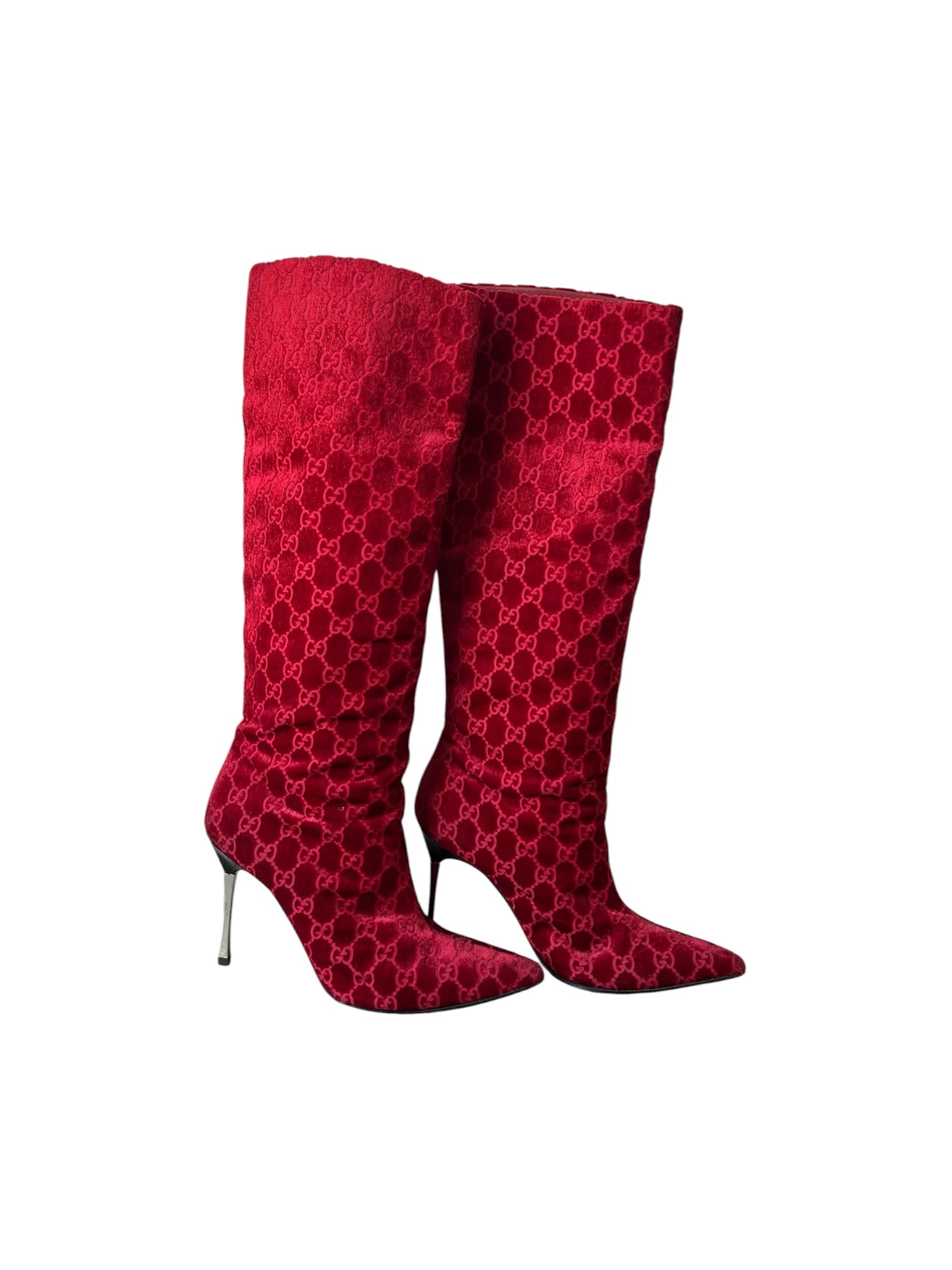 RARE FW97 RED VELOUR MONOGRAM KNEE HIGH BOOTS @SM