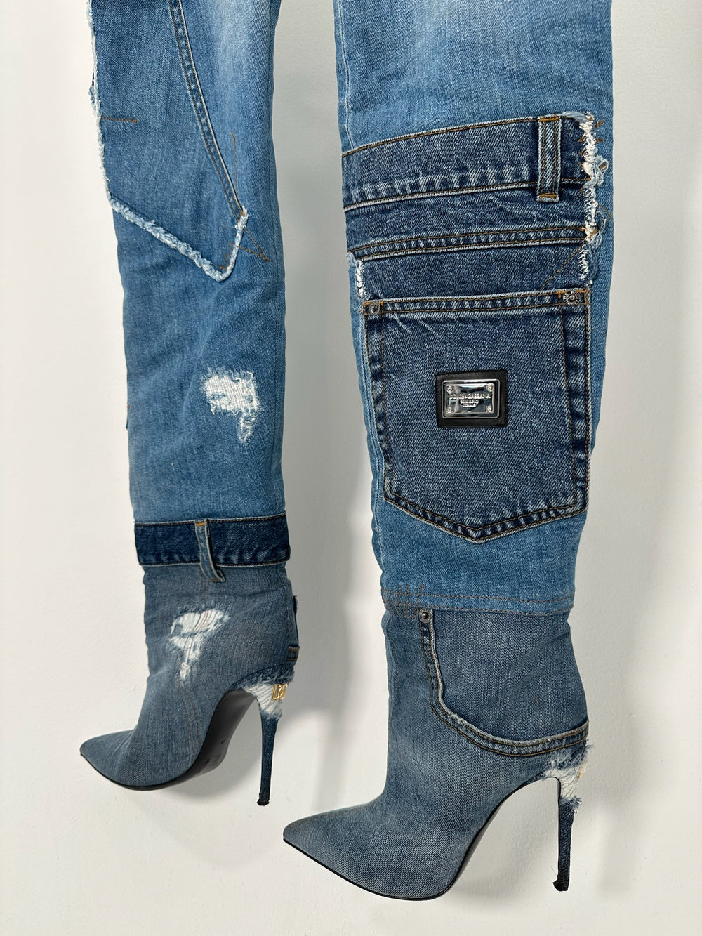 PATCHWORK KNEE HIGH DENIM BOOTS