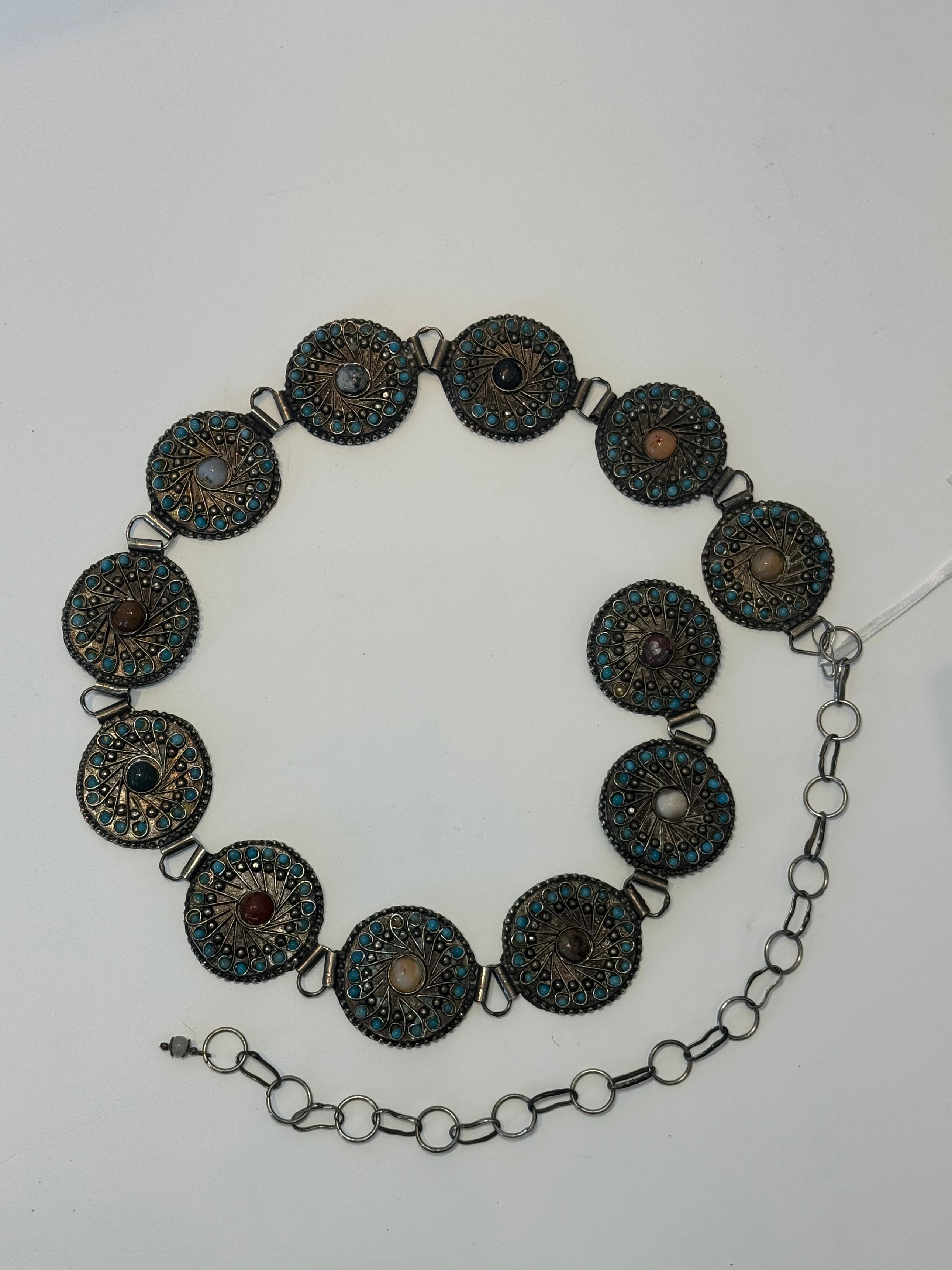BRASS CIRCULAR CHAIN BELT W STONES