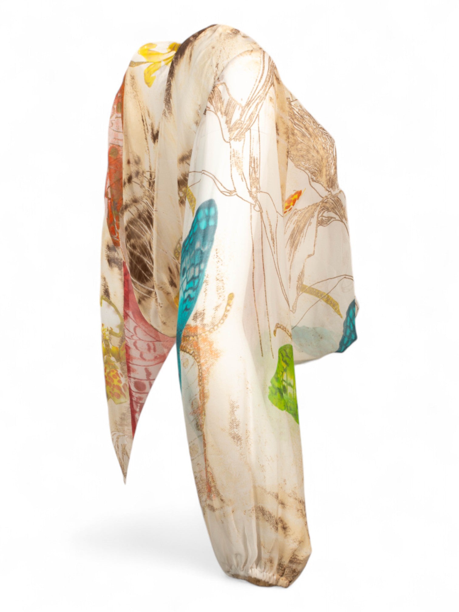 SILK BUTTERFLY PRINTED BALLOON SLEEVE TOP