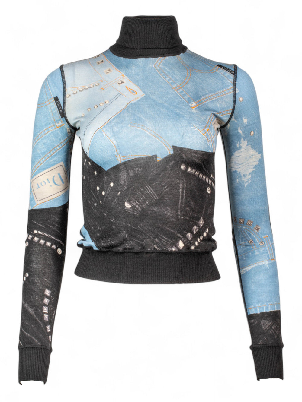 DENIM PRINT TURTLE NECK TOP