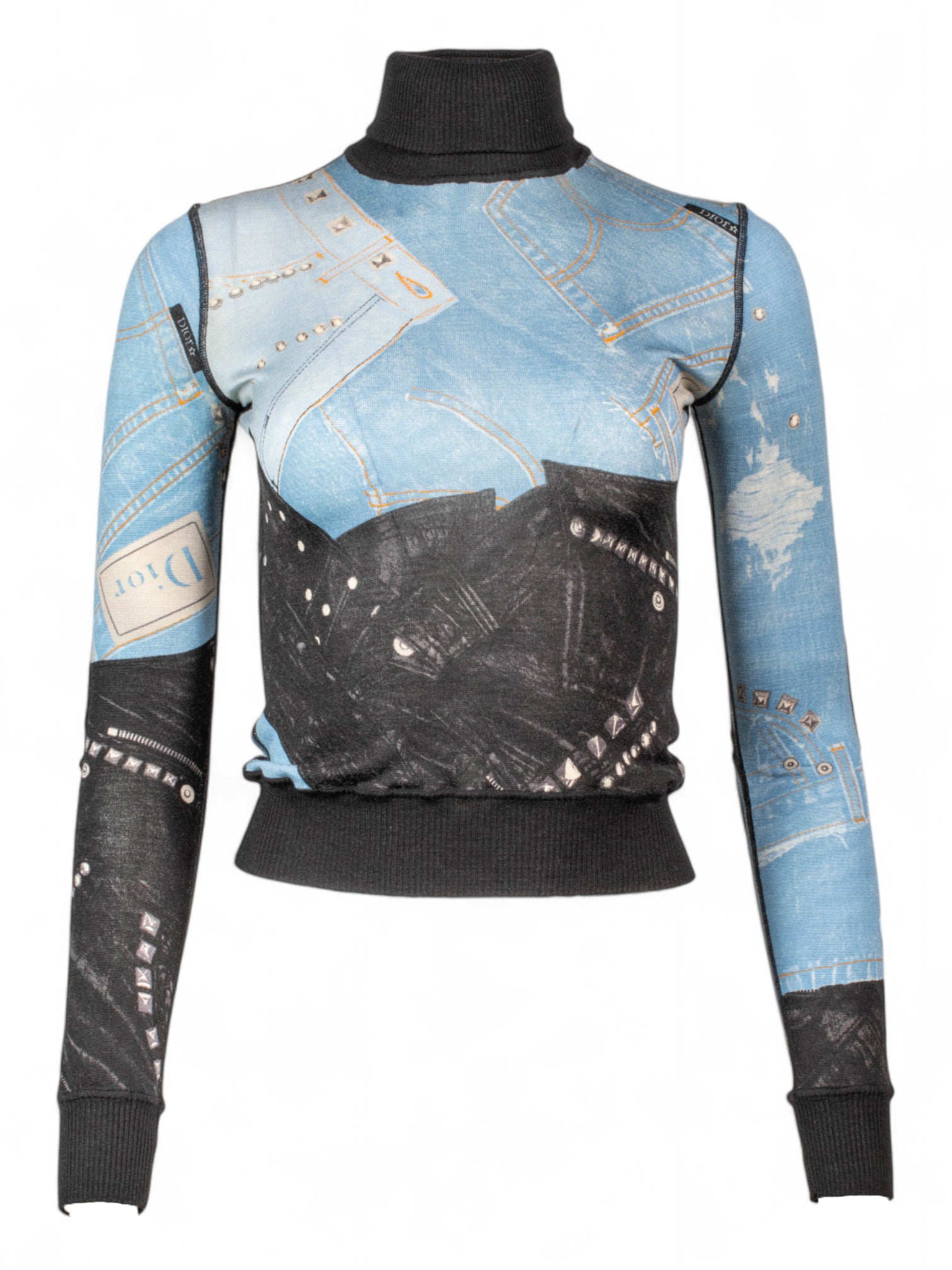 DENIM PRINT TURTLE NECK TOP
