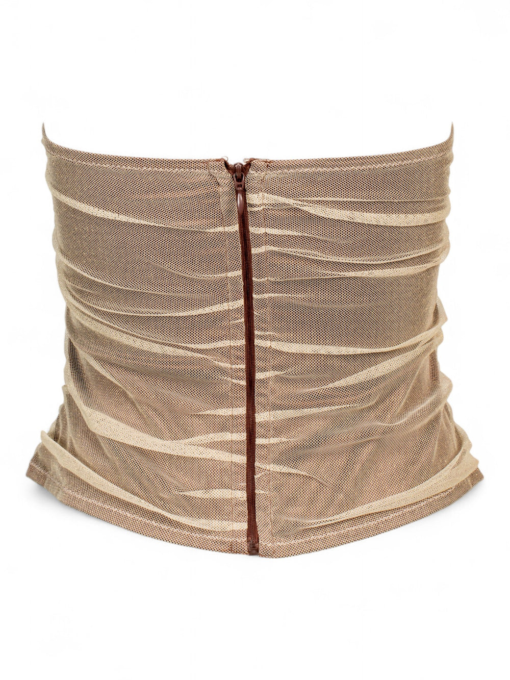 RUCHED BROWN/NUDE MESH CORSET W FLORAL DETAIL