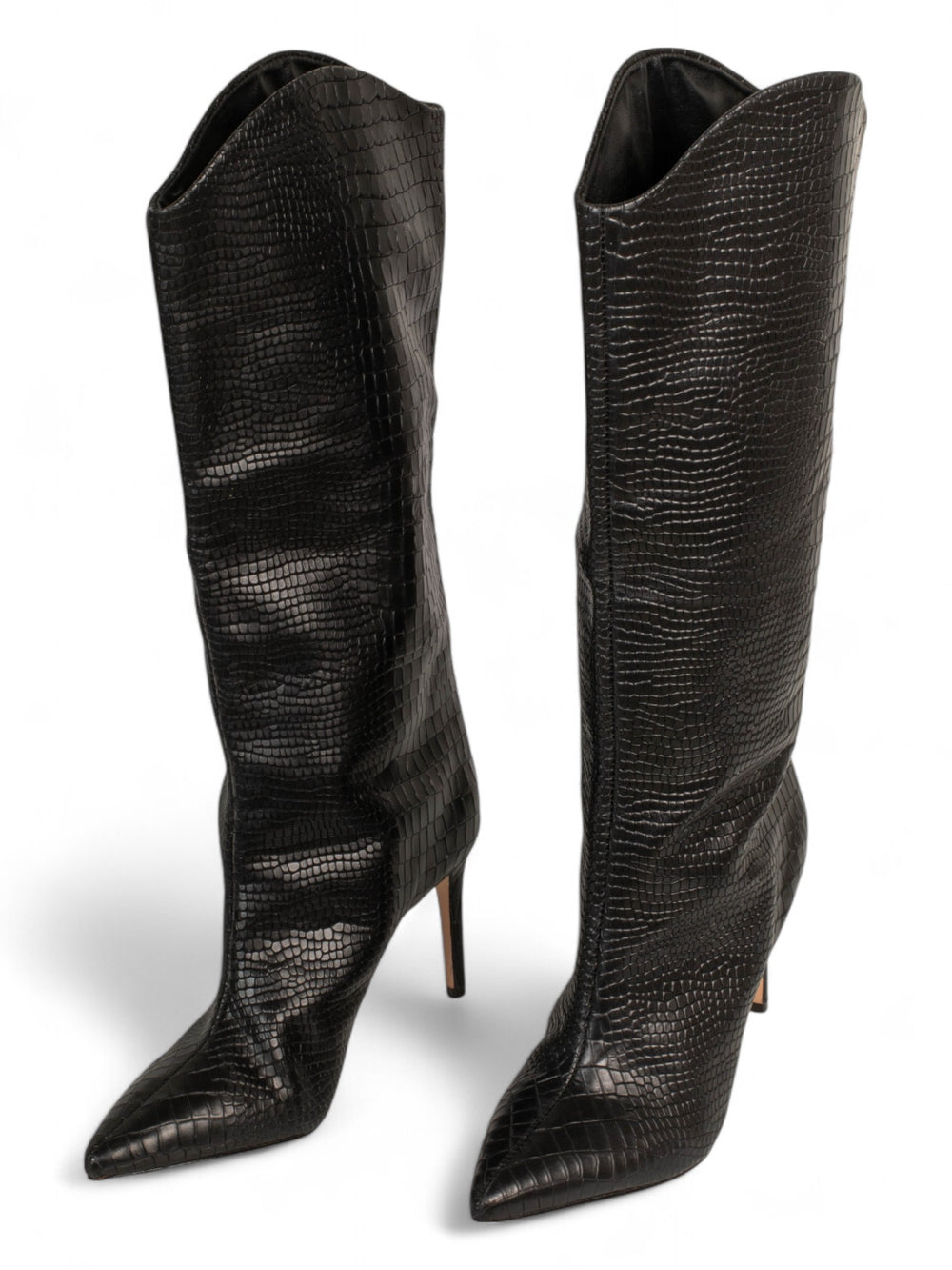 CROC EMBOSSED BLACK KNEE HIGH BOOTS