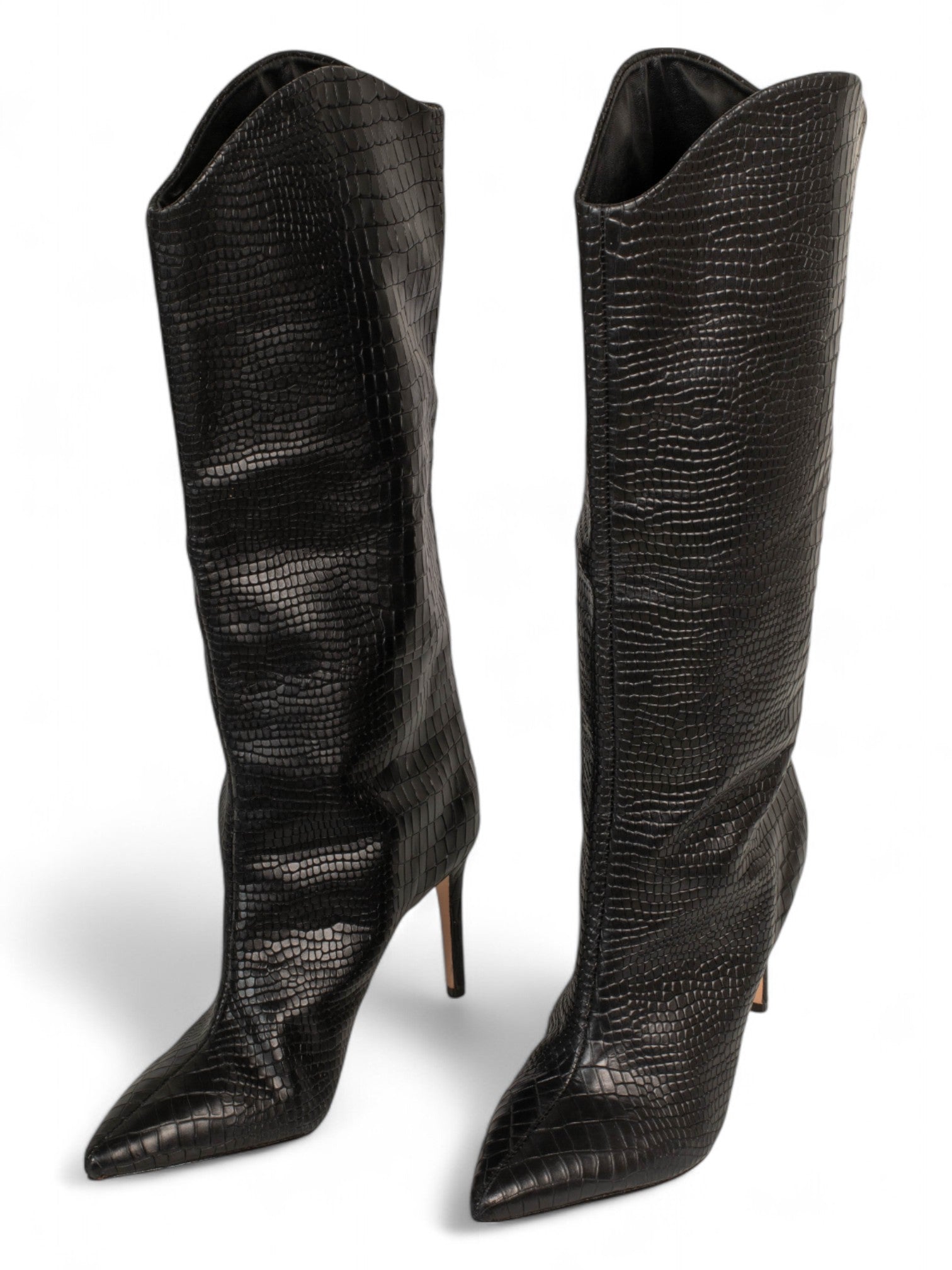 CROC EMBOSSED BLACK KNEE HIGH BOOTS