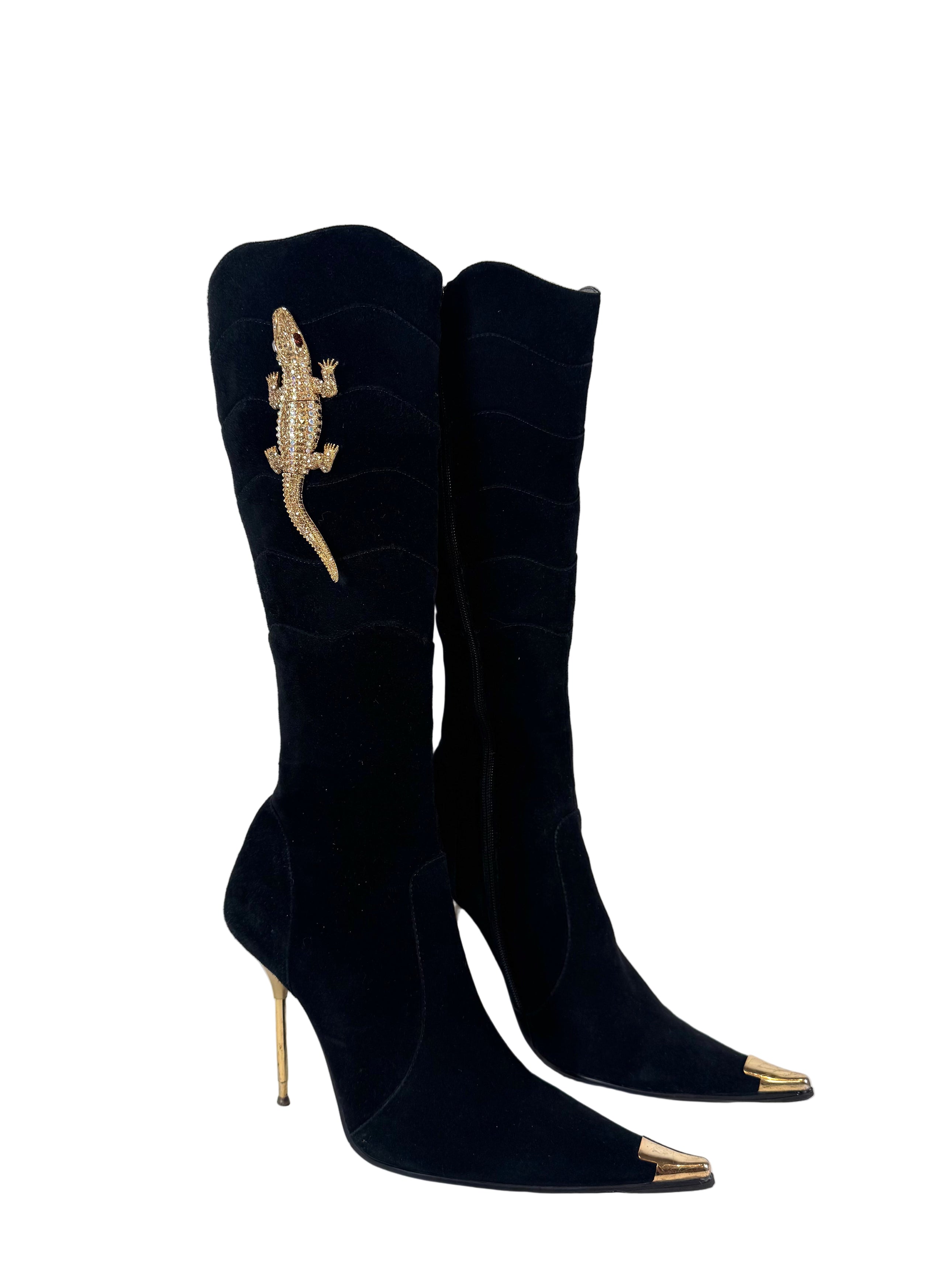 BLACK ULTRASUEDE RHINESTONE CROCODILE BOOTS