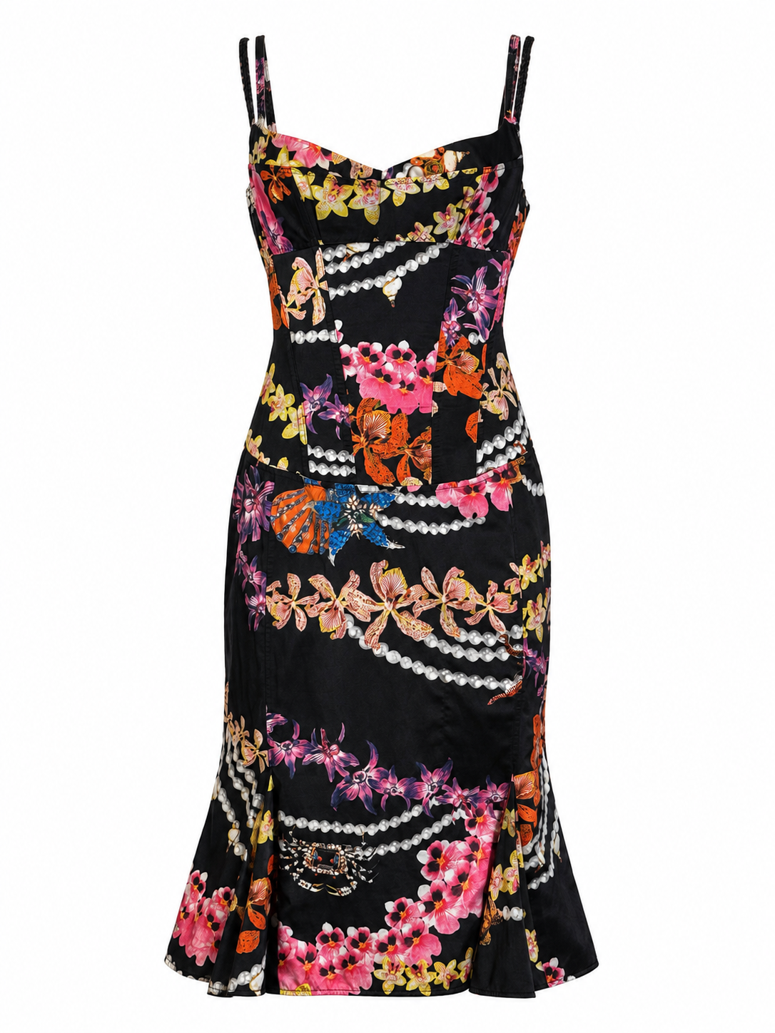 2005 BLACK MIDI DRESS WITH ORCHID AND PEARL PRINT