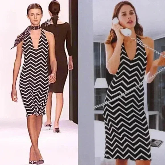 SS01 BROWN & WHITE CHEVRON HALTER DRESS
