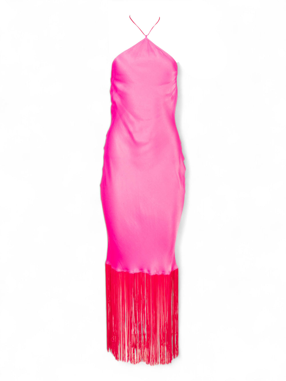 HOT PINK HALTER DRESS W FRINGE