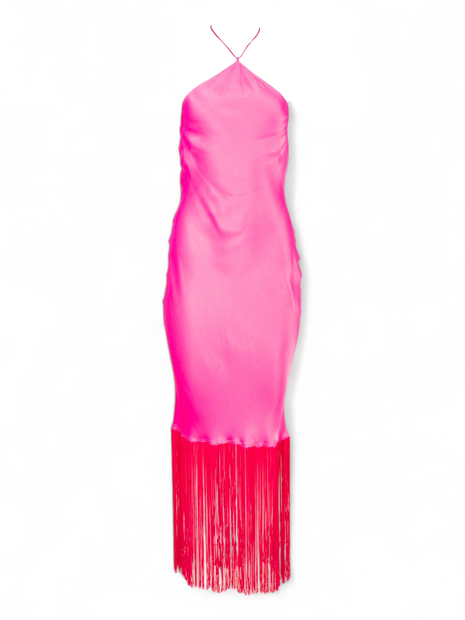 HOT PINK HALTER DRESS W FRINGE