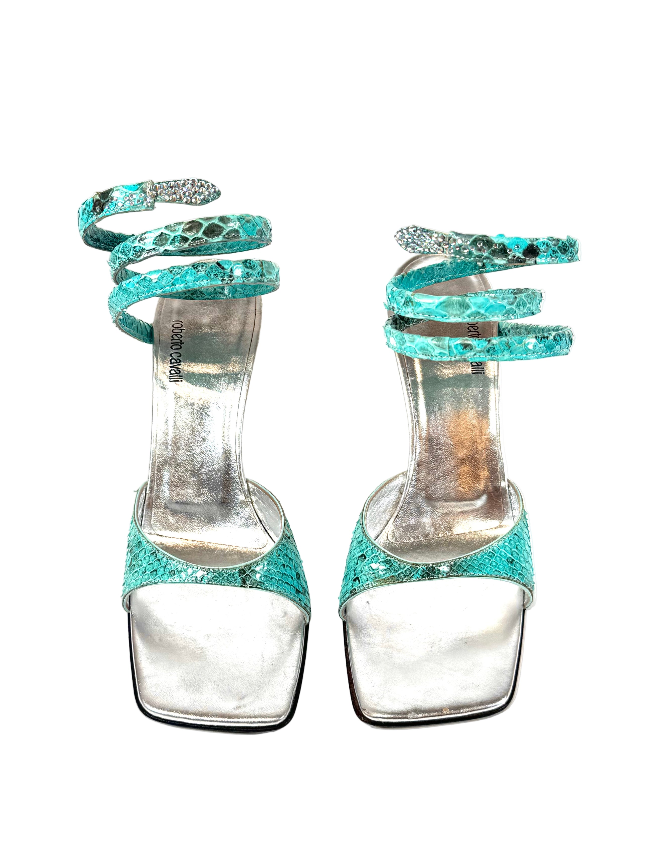 90S SNAKE SKIN TURQUOISE WRAP AROUND HEELS