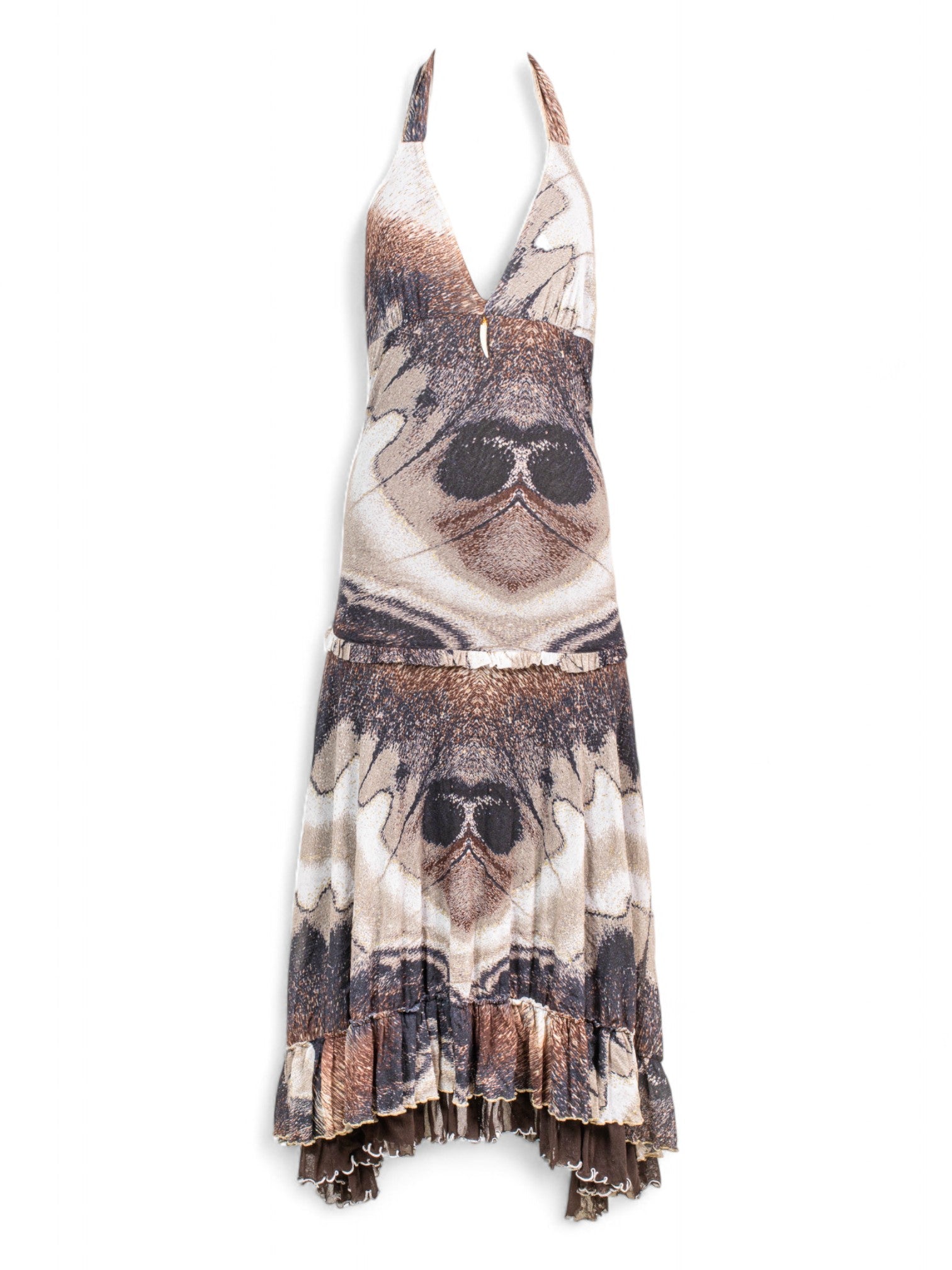 FEATHER PRINT HALTER DRESS W HORN CHARM