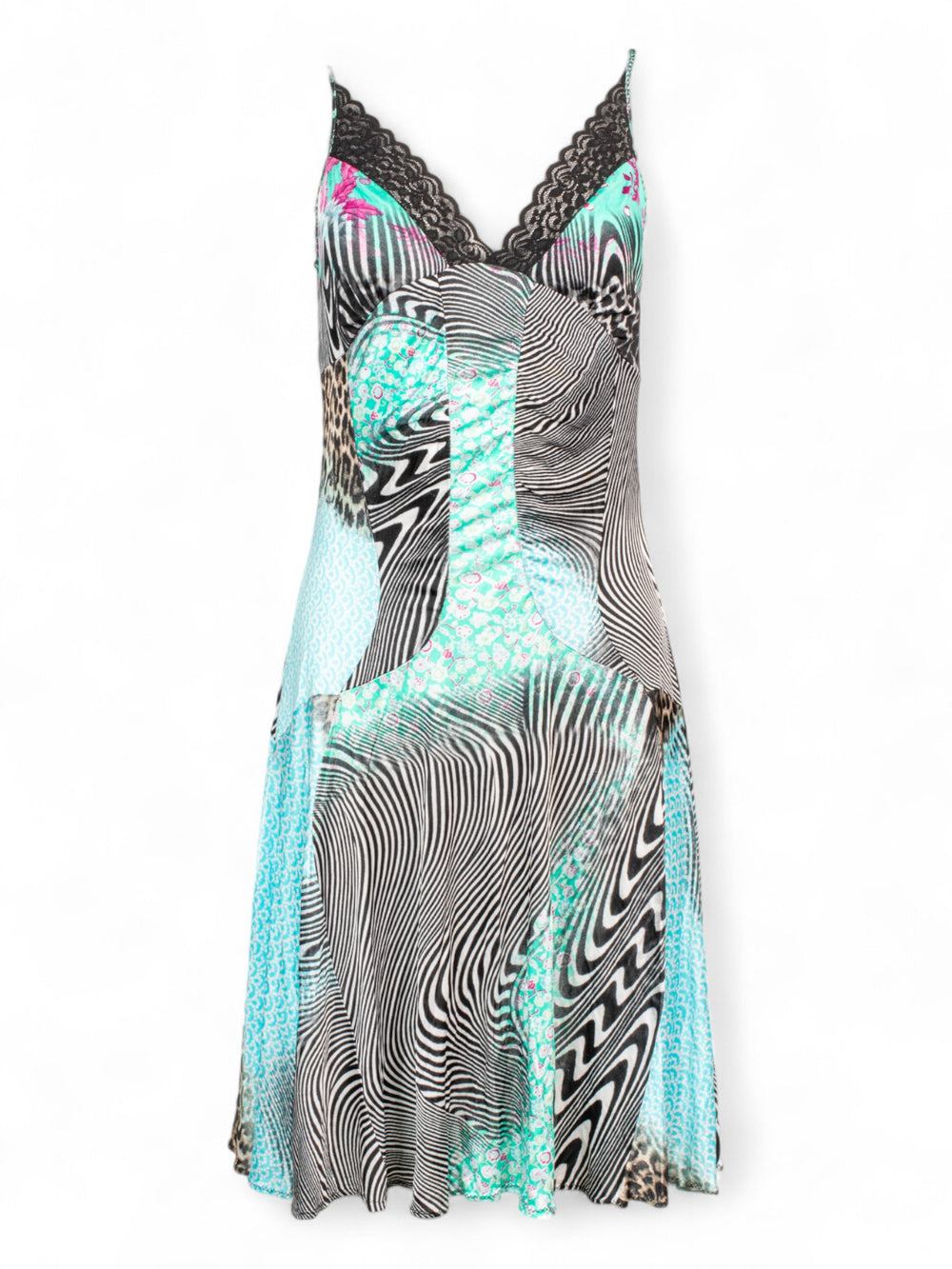 BLUE & BLACK PSYCHEDELIC MIDI DRESS W LACE TRIM