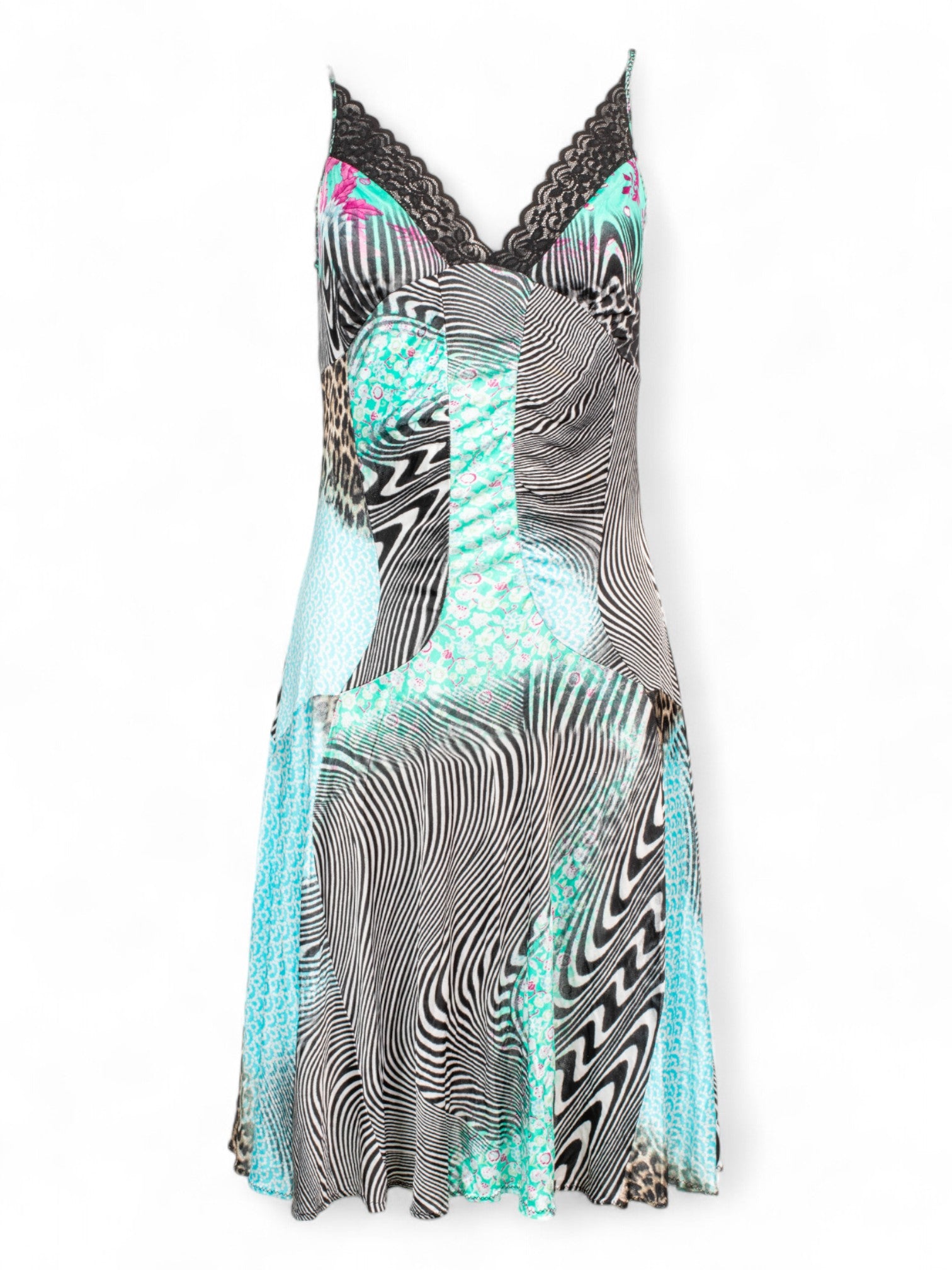 BLUE & BLACK PSYCHEDELIC MIDI DRESS W LACE TRIM