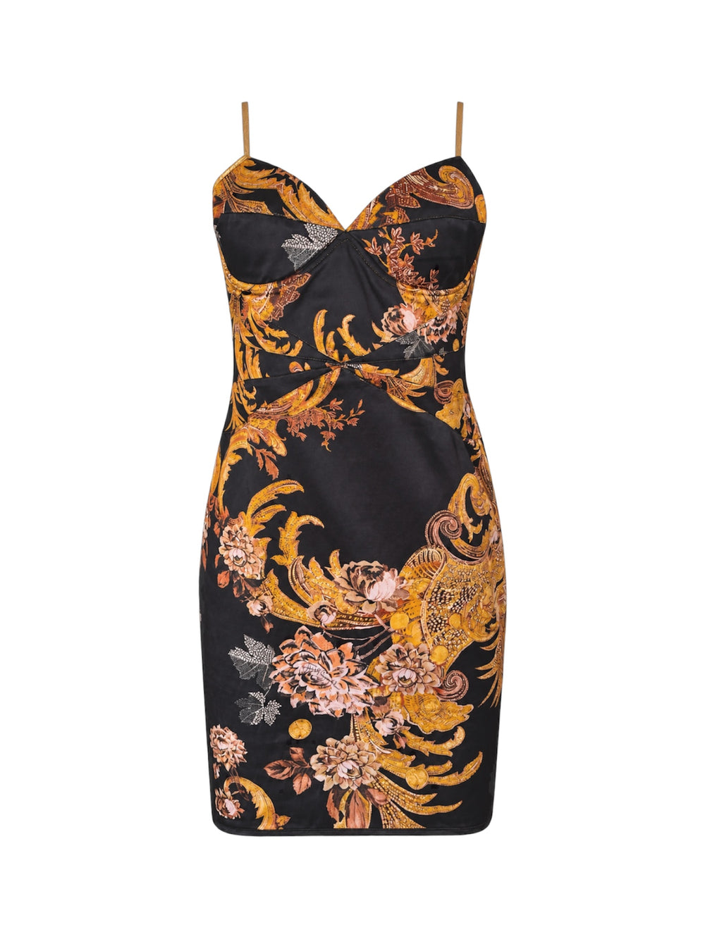 90/00S BLACK & GOLD ORNATE PRINT BUSTIER MINI DRESS @FAR