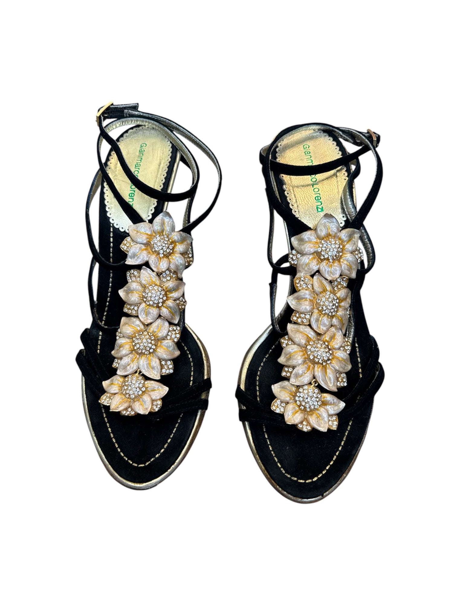 GOLD & RHINESTONE FLORAL ENAMEL STRAPPY HEELS