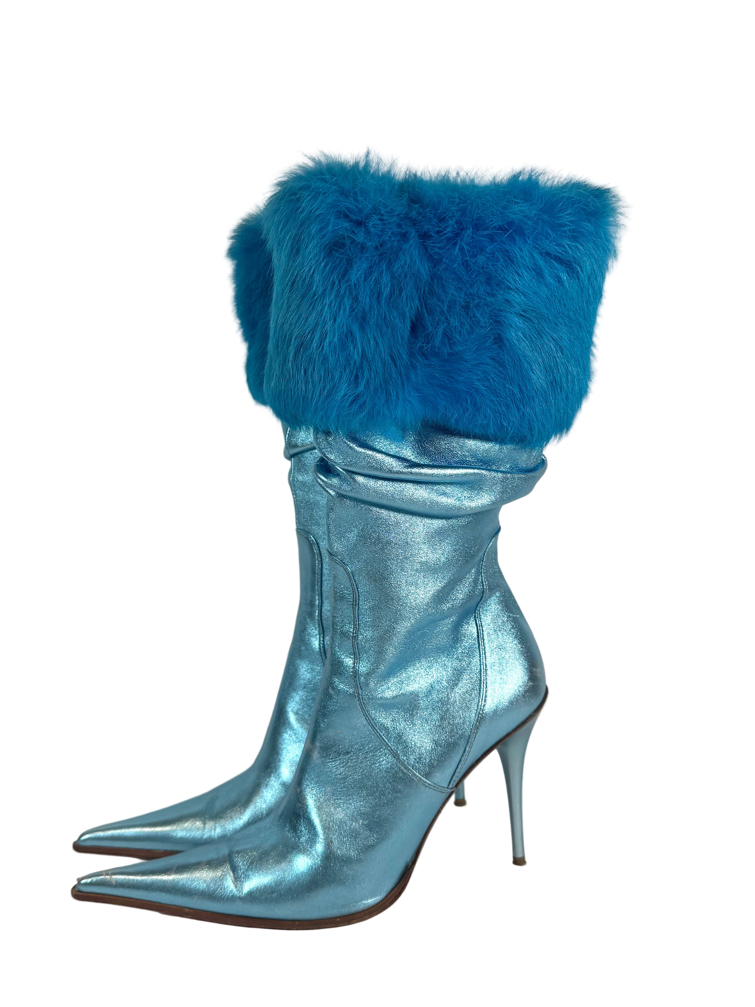 ITALIAN METALLIC BLUE & RABBIT FUR SLOUCH BOOTS