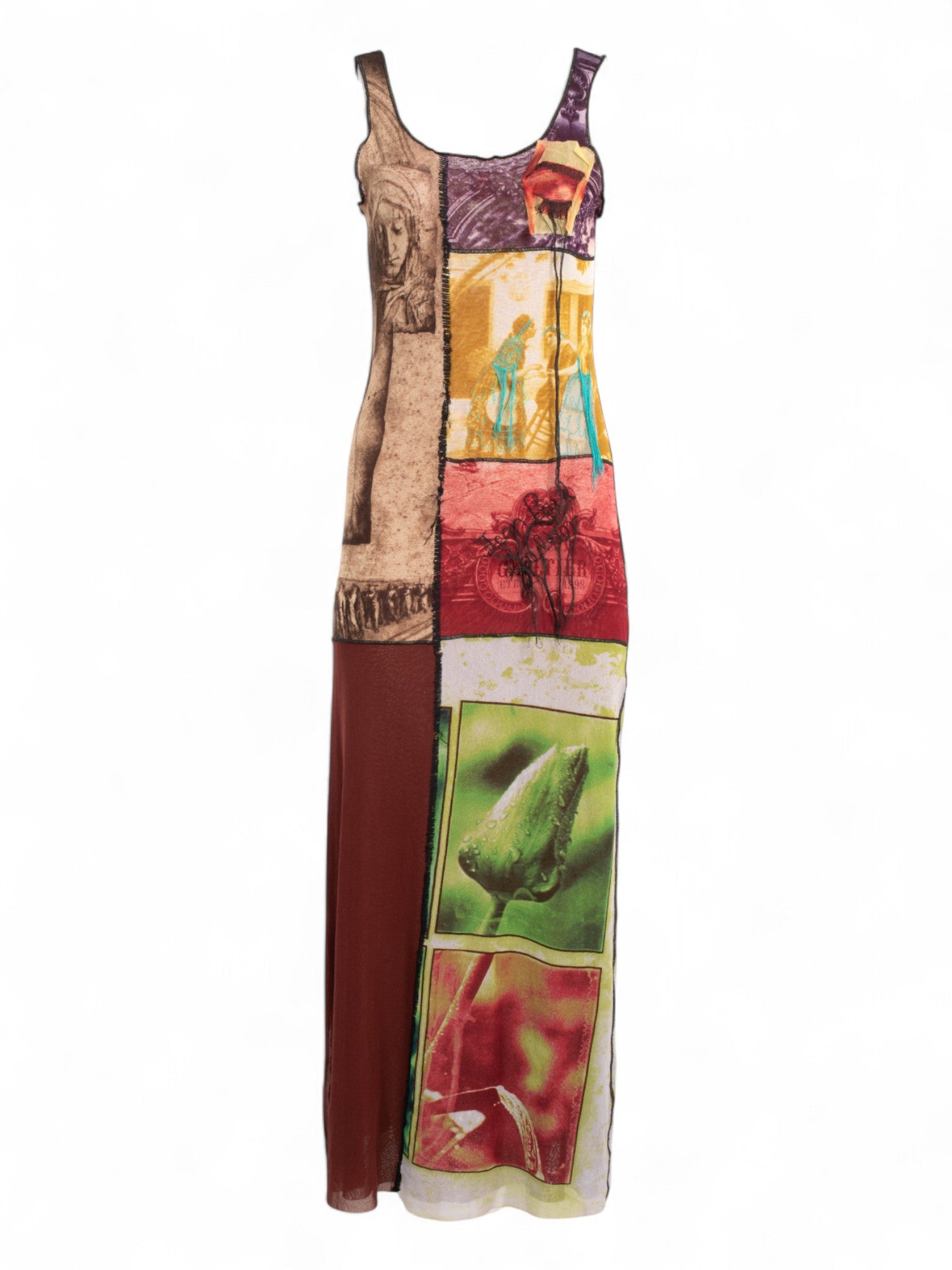 SS1998 PATCHWORK MESH MAXI DRESS W THREAD HANG