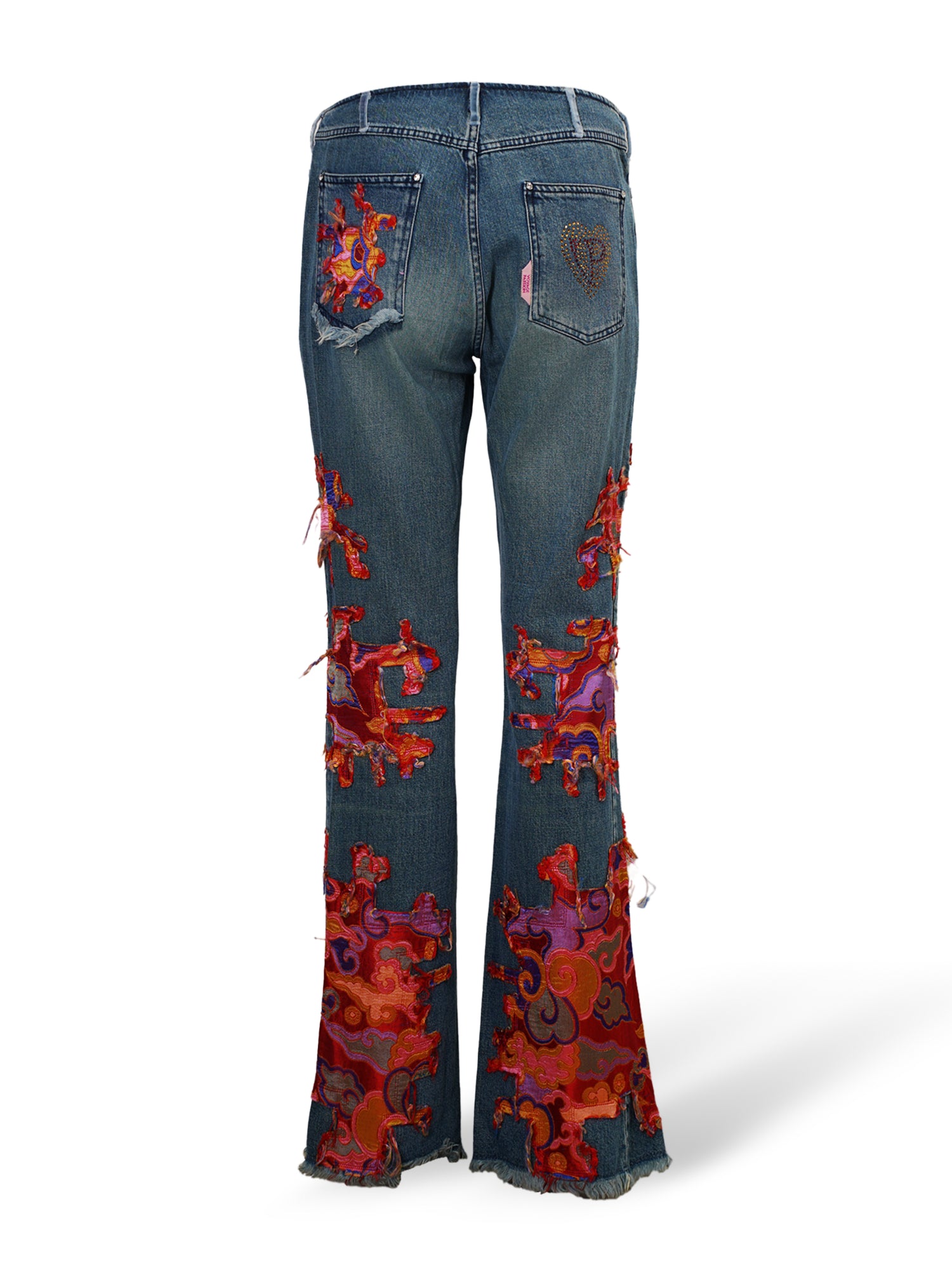 DENIM & RED SILK EMBROIDERED FLARE JEANS