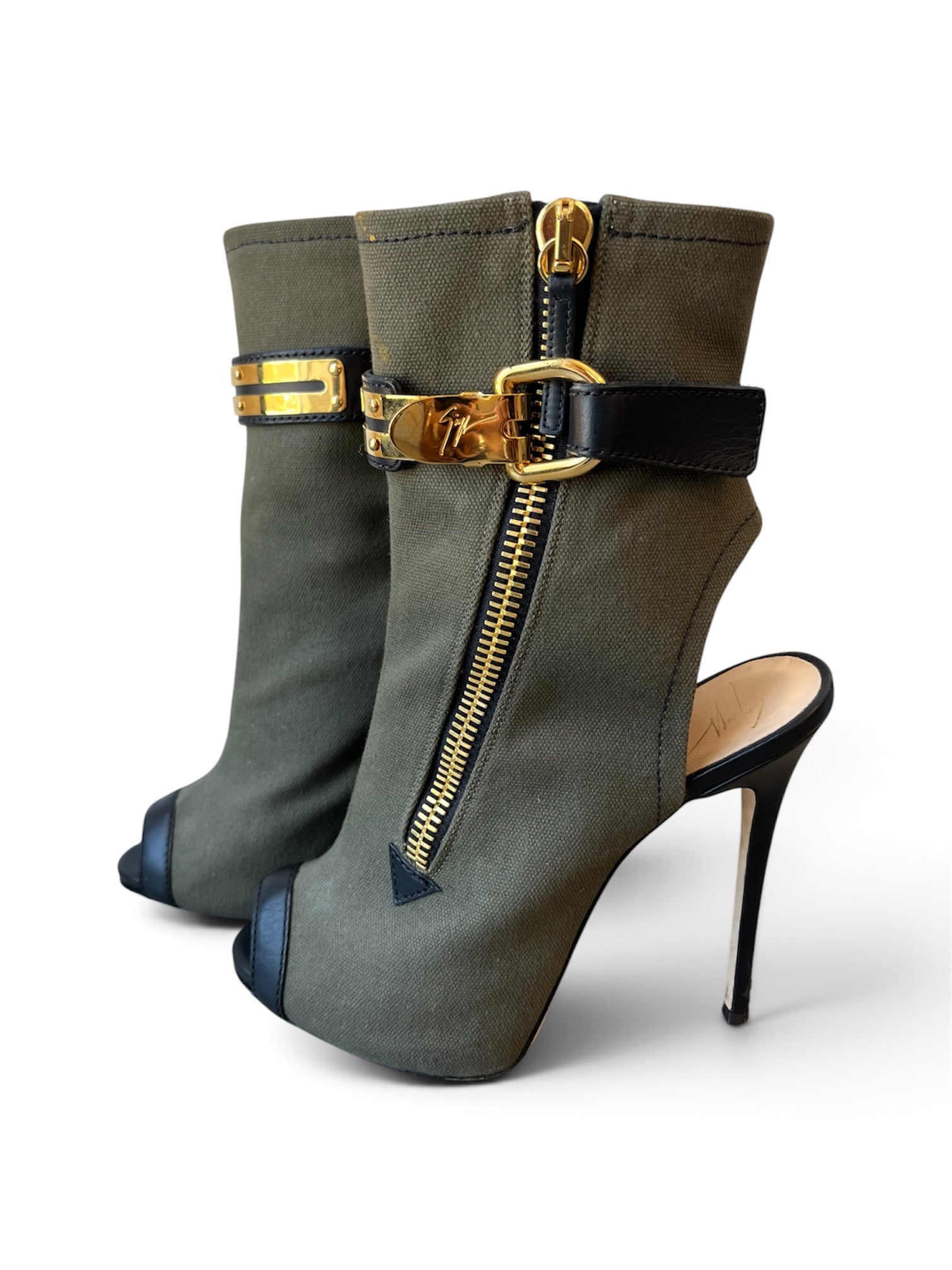 ARMY GREEN STILETTO BOOTIES W/ GOLD HARDWARE @CREV