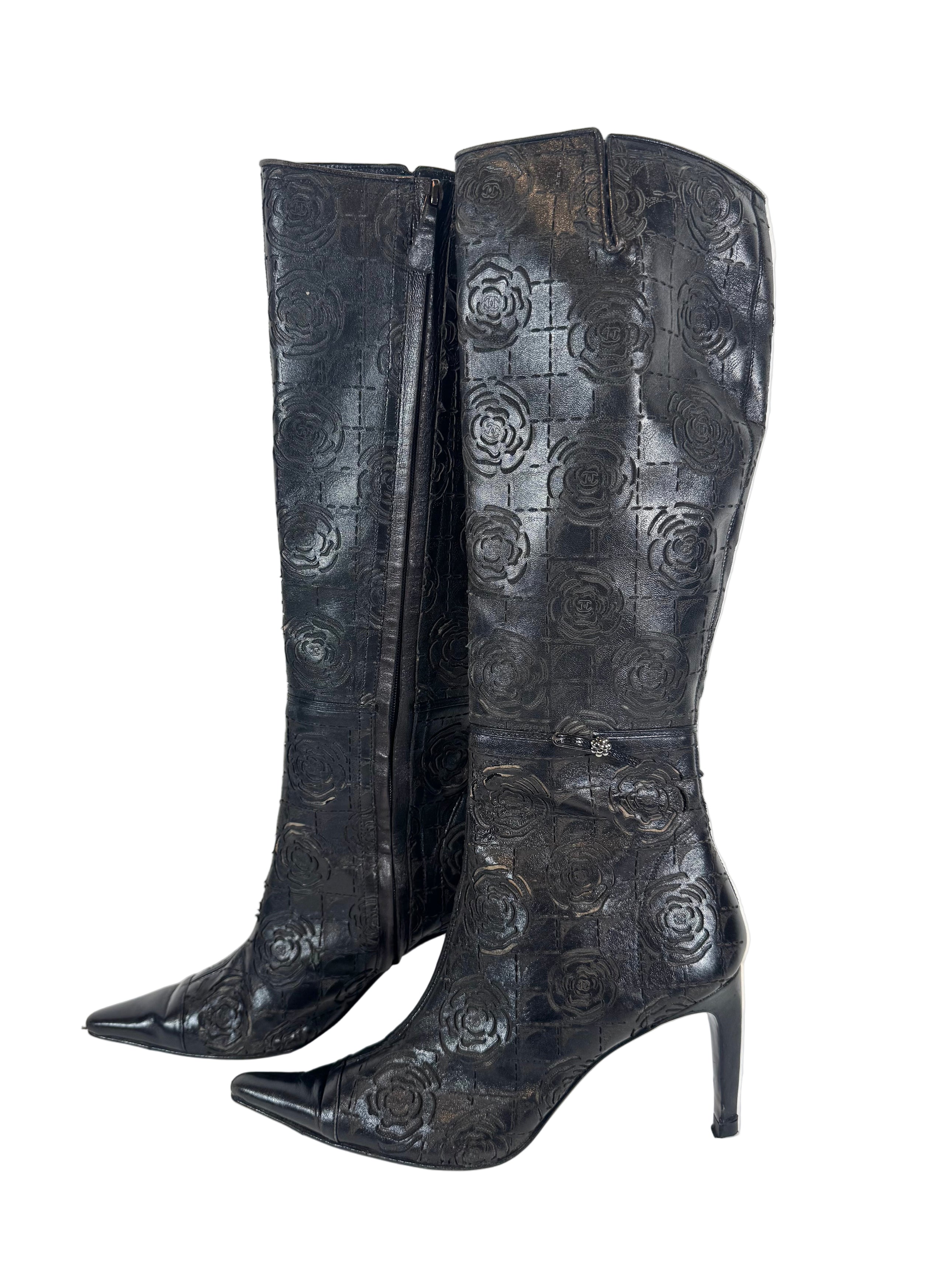 BLACK LEATHER CAMELLIA FLOWER BOOTS