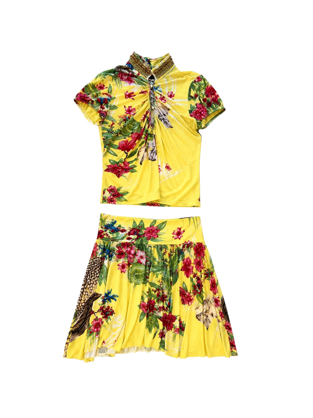FLOWERS AND EAGLE PRINT YELLOW TOP AND SKIRT SET