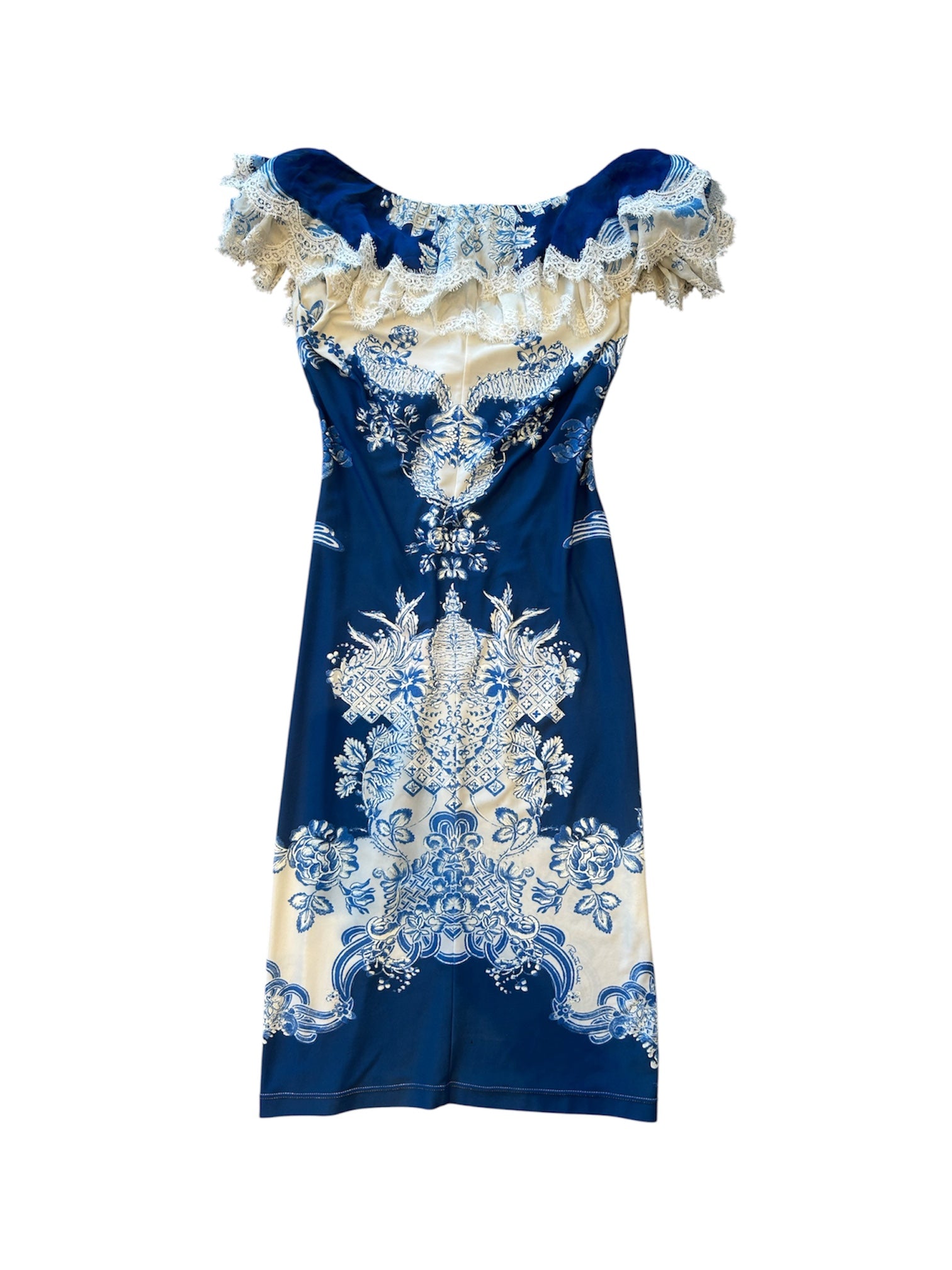 IVORY & BLUE PORCELAIN PRINTED OFF THE SHOULDER DRESS