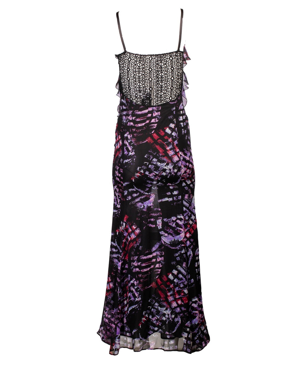 BLACK & PURPLE PRINTED SILK RUFFLED GOWN
