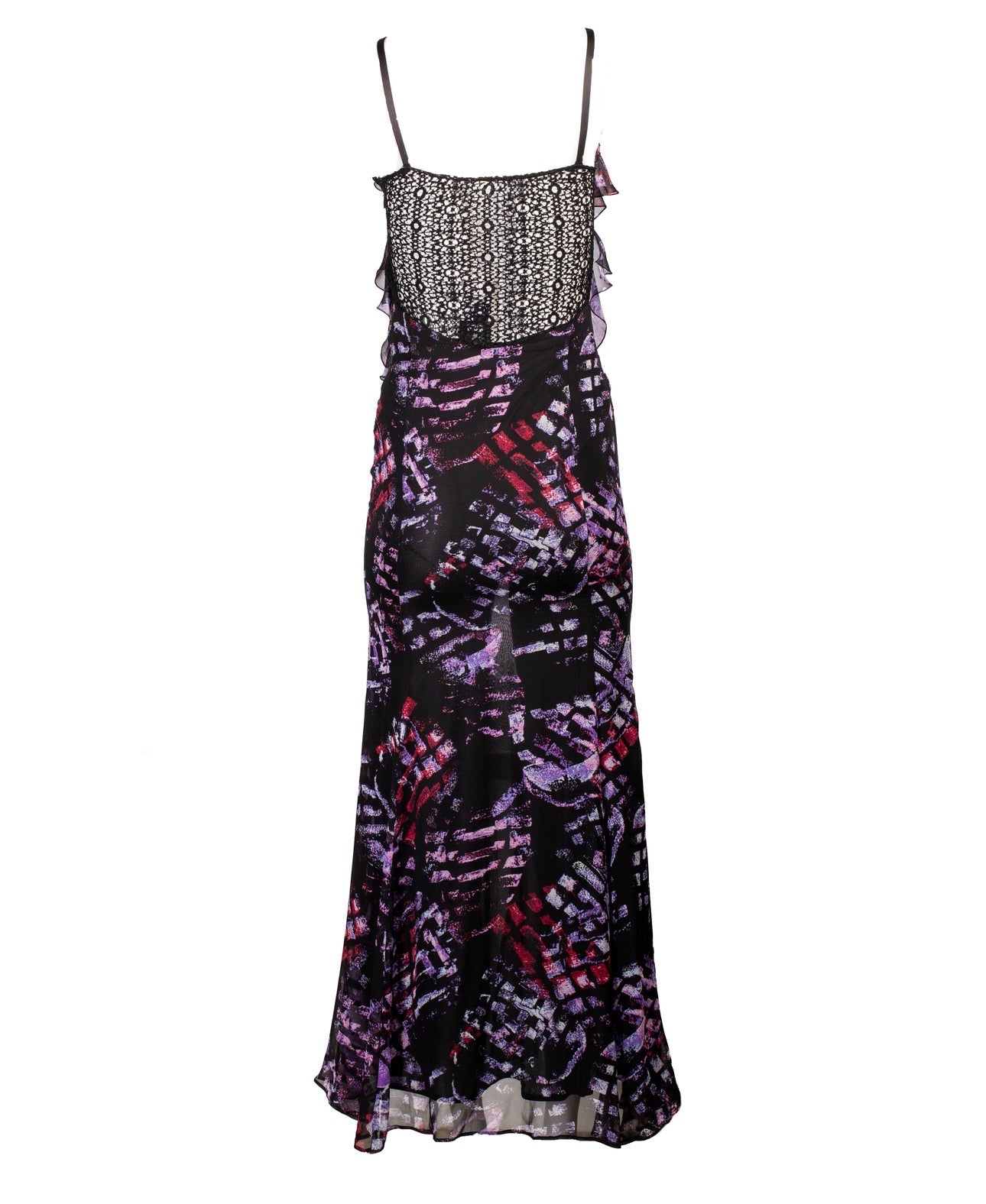 BLACK & PURPLE PRINTED SILK RUFFLED GOWN