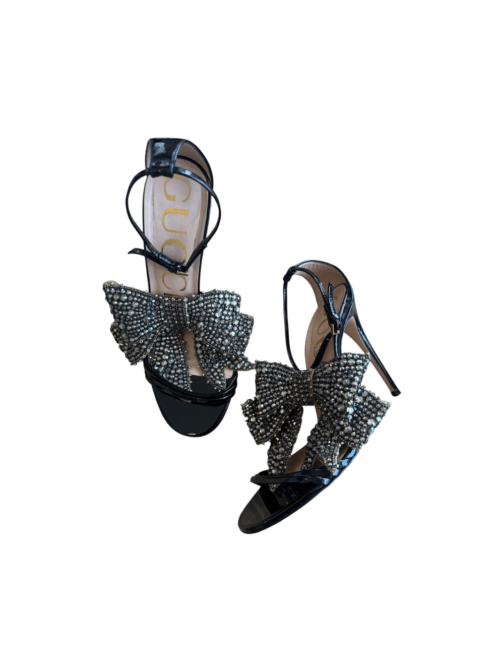 BLACK PATENT LEATHER HEELS W/ REMOVABLE BOWS @CJONES