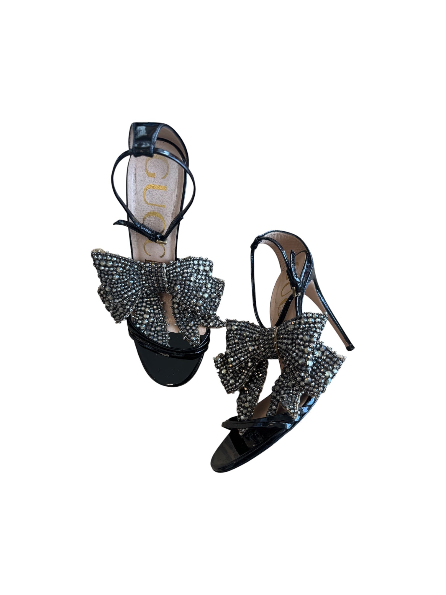 BLACK PATENT LEATHER HEELS W/ REMOVABLE BOWS @CJONES