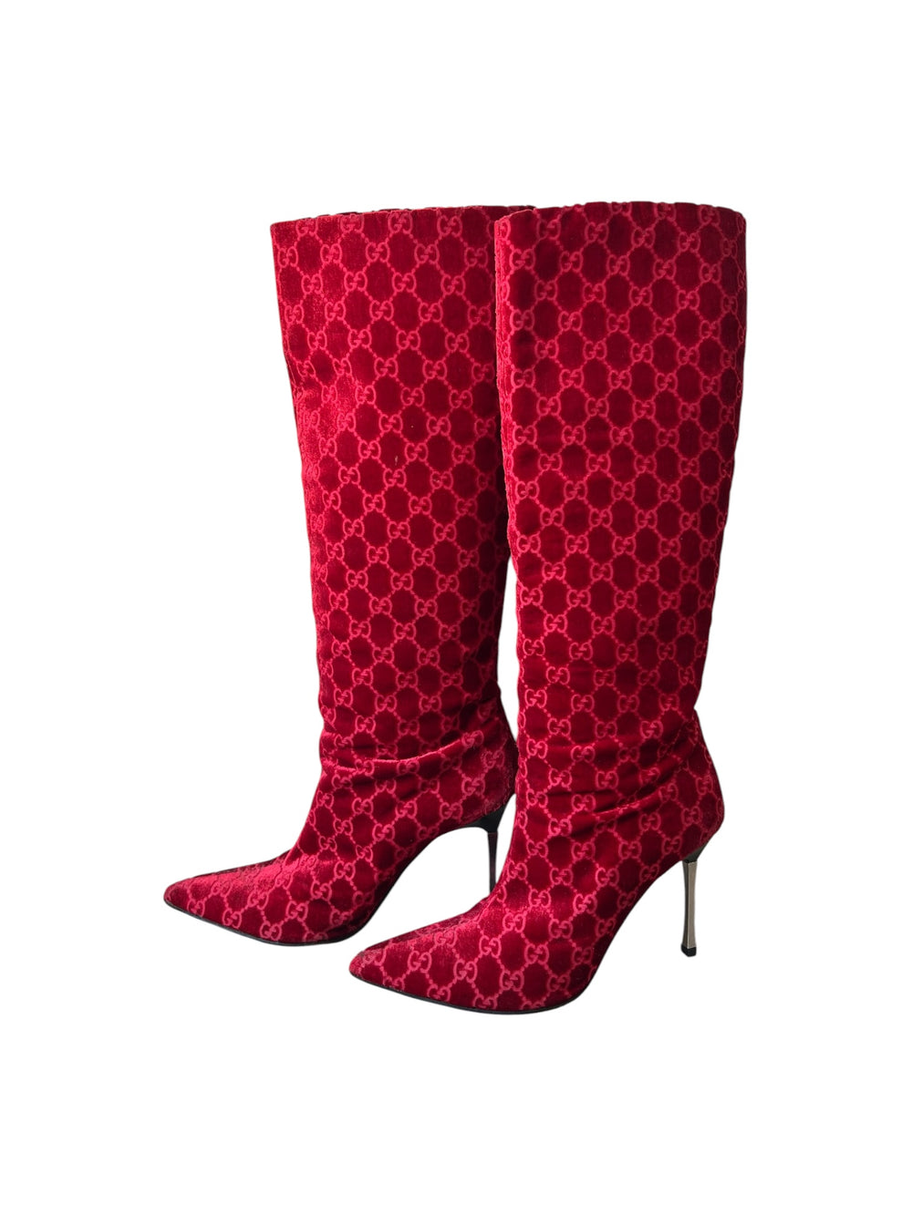 RARE FW97 RED VELOUR MONOGRAM KNEE HIGH BOOTS @SM