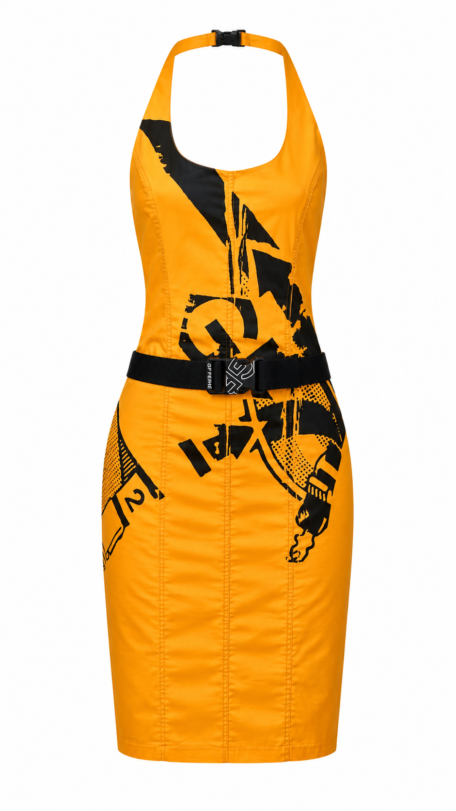 ORANGE & BLACK BUCKLE GRAPHIC BELTED CARGO DRESS