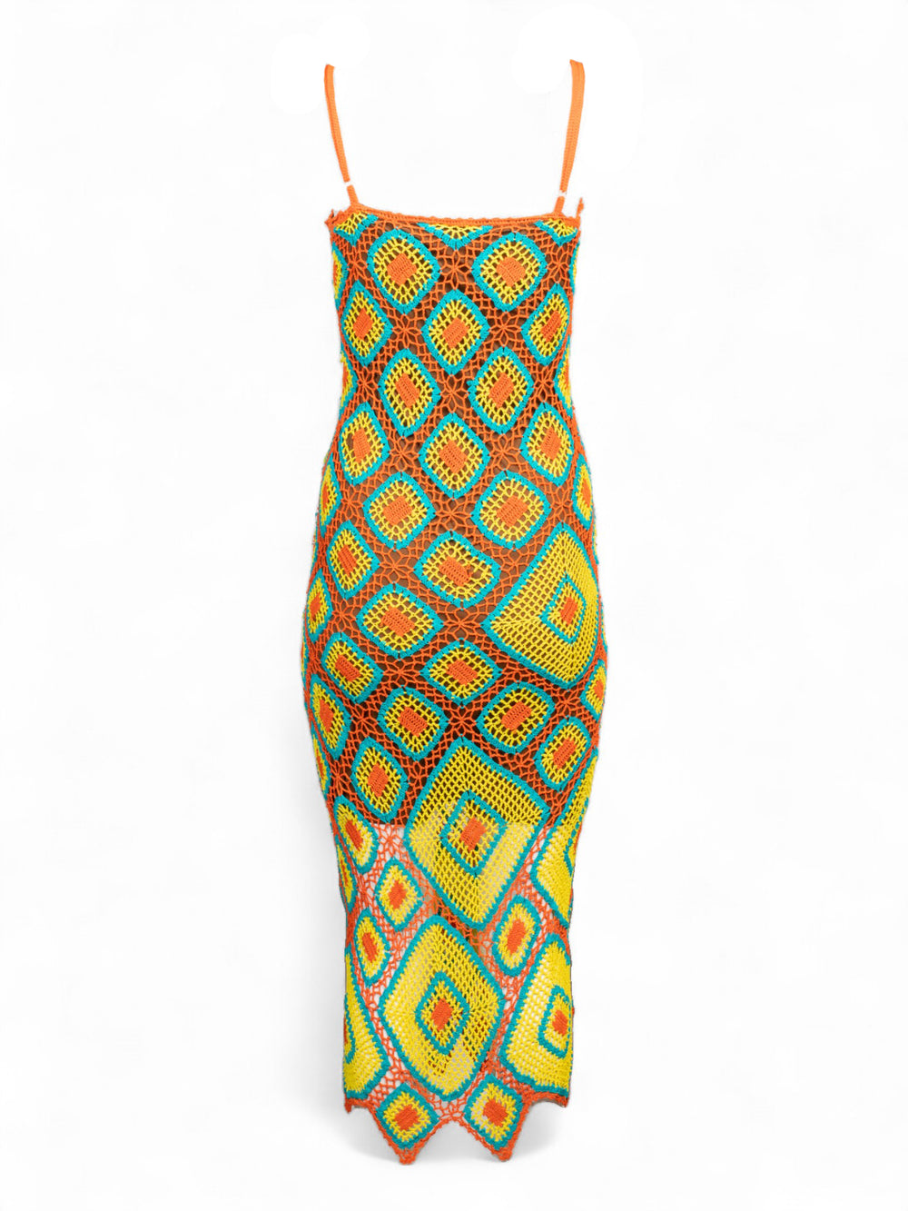 ORANGE/YELLOW/BLUE CROCHET MAXI DRESS