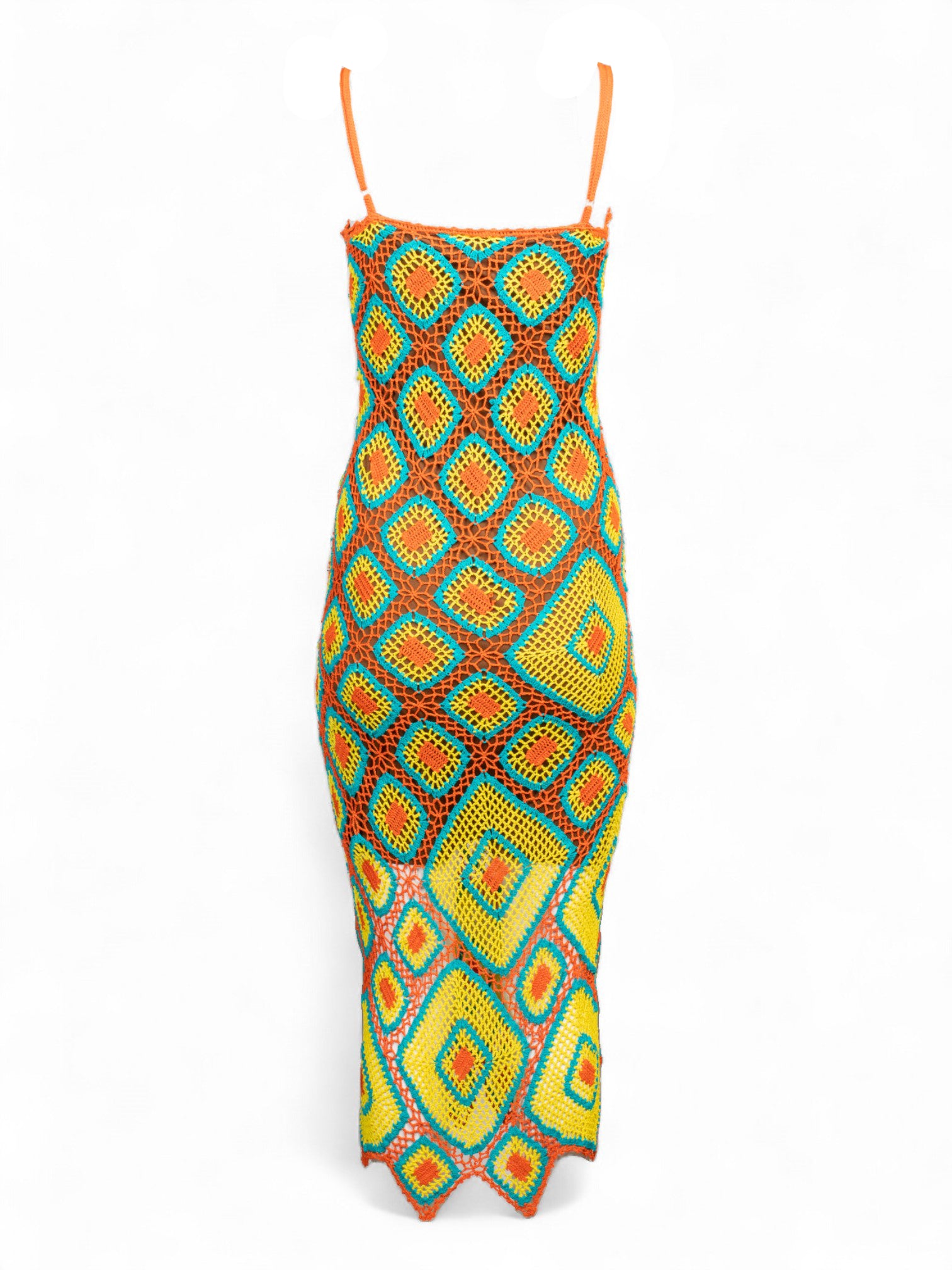 ORANGE/YELLOW/BLUE CROCHET MAXI DRESS