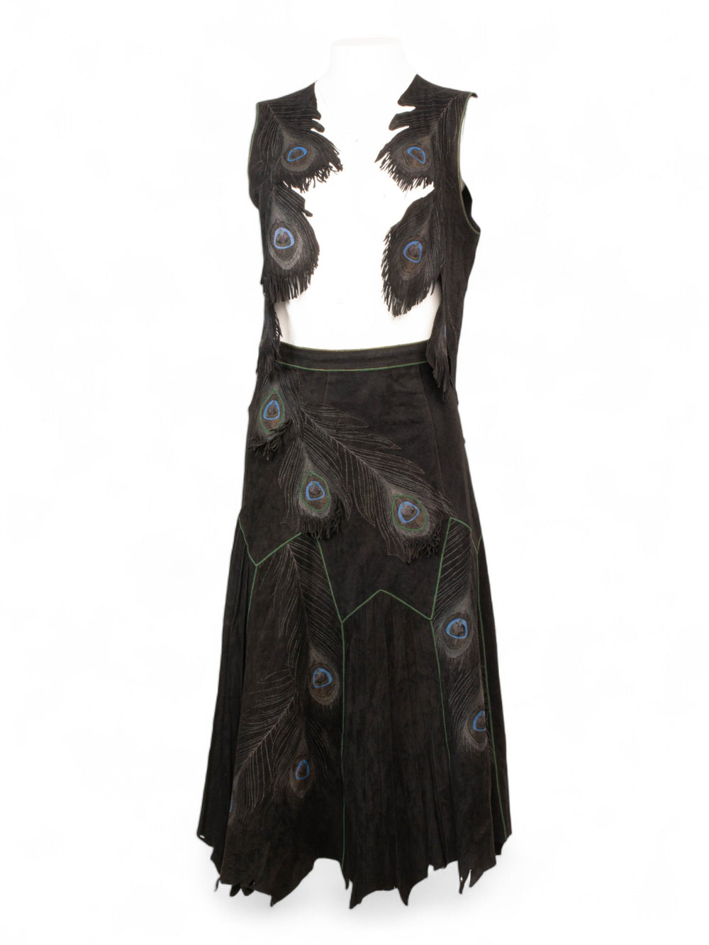 1970S BLACK SUEDE PEACOCK VEST & SKIRT SET