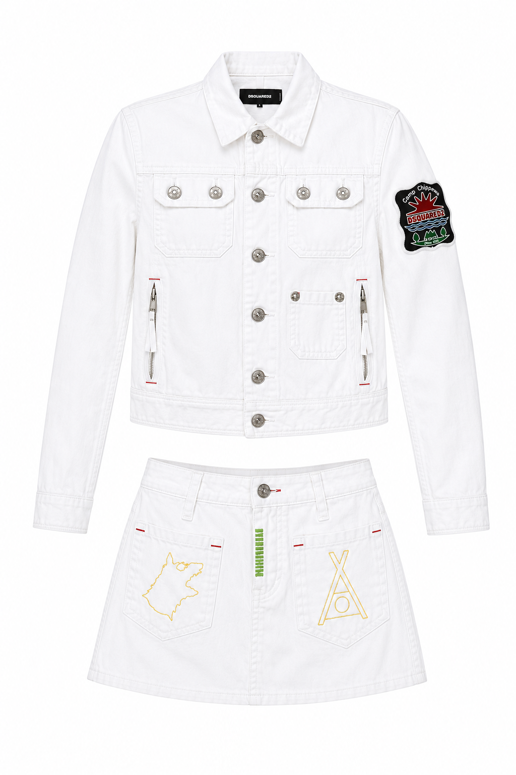 WHITE EMBROIDERED DENIM JACKET & SKIRT SET