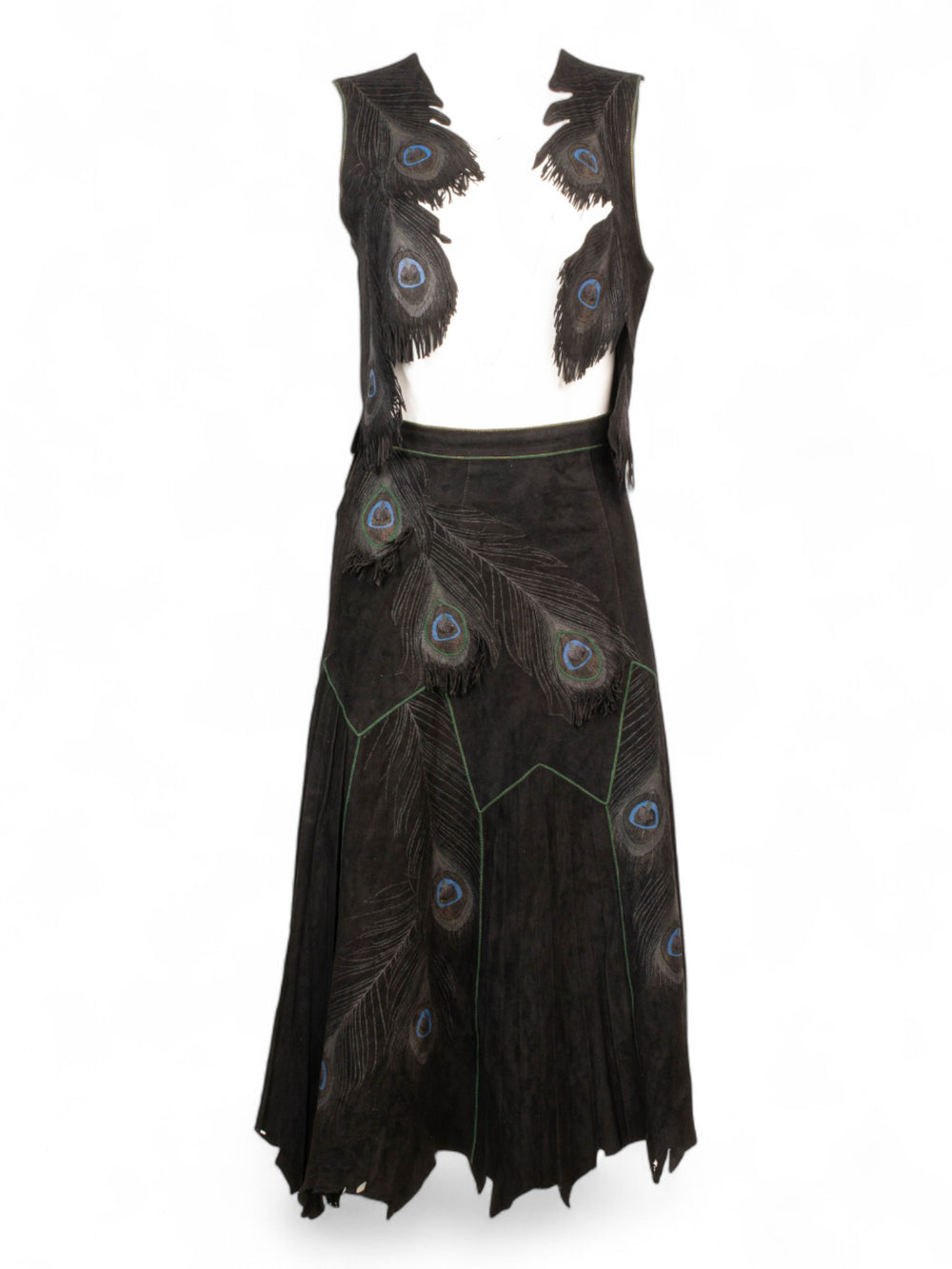 1970S BLACK SUEDE PEACOCK VEST & SKIRT SET