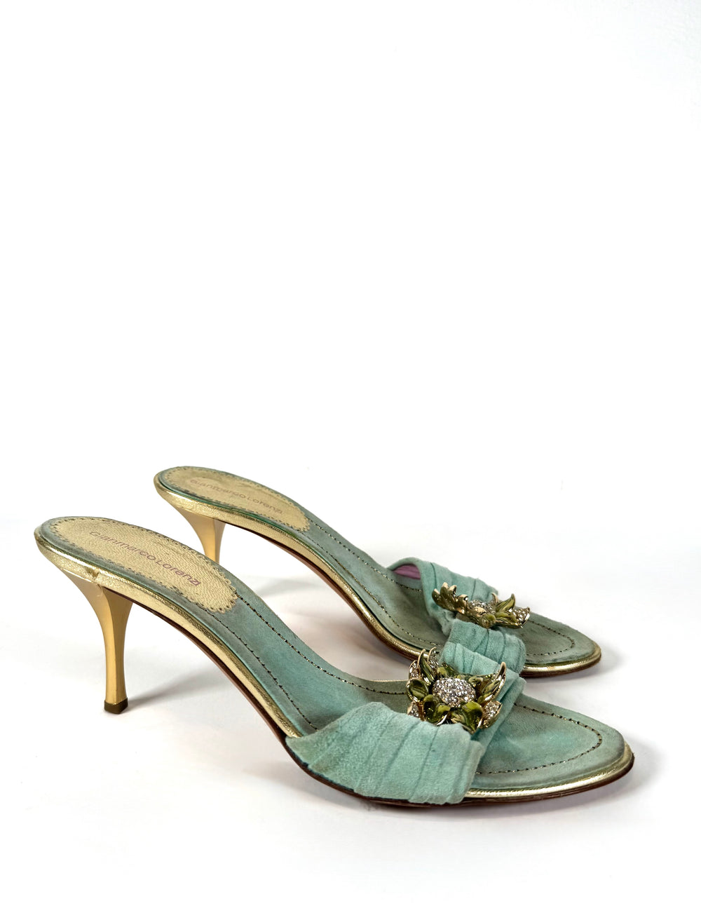 00S TEAL CRYSTAL ENAMEL FLOWER HEELS