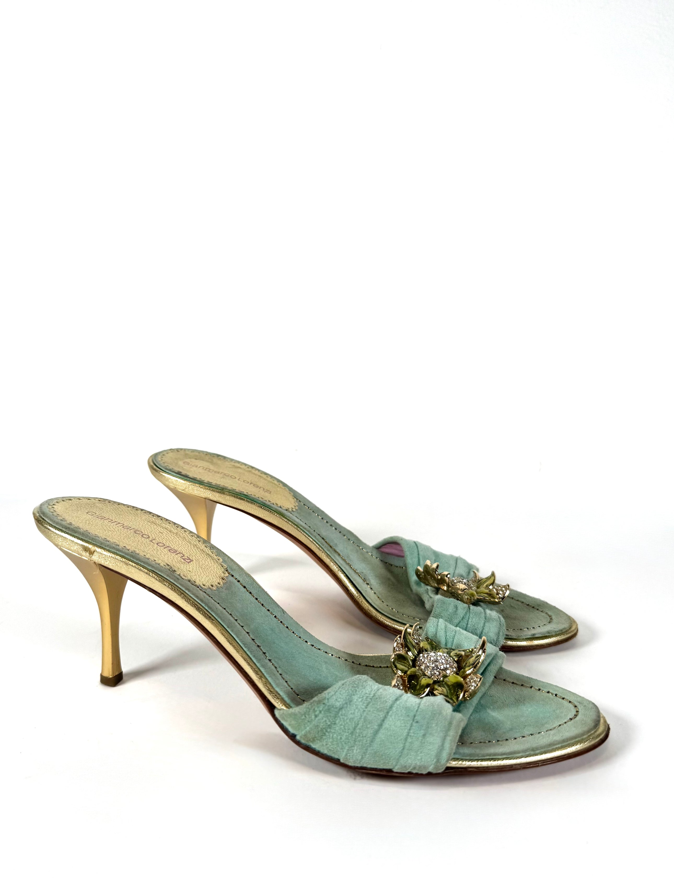 00S TEAL CRYSTAL ENAMEL FLOWER HEELS