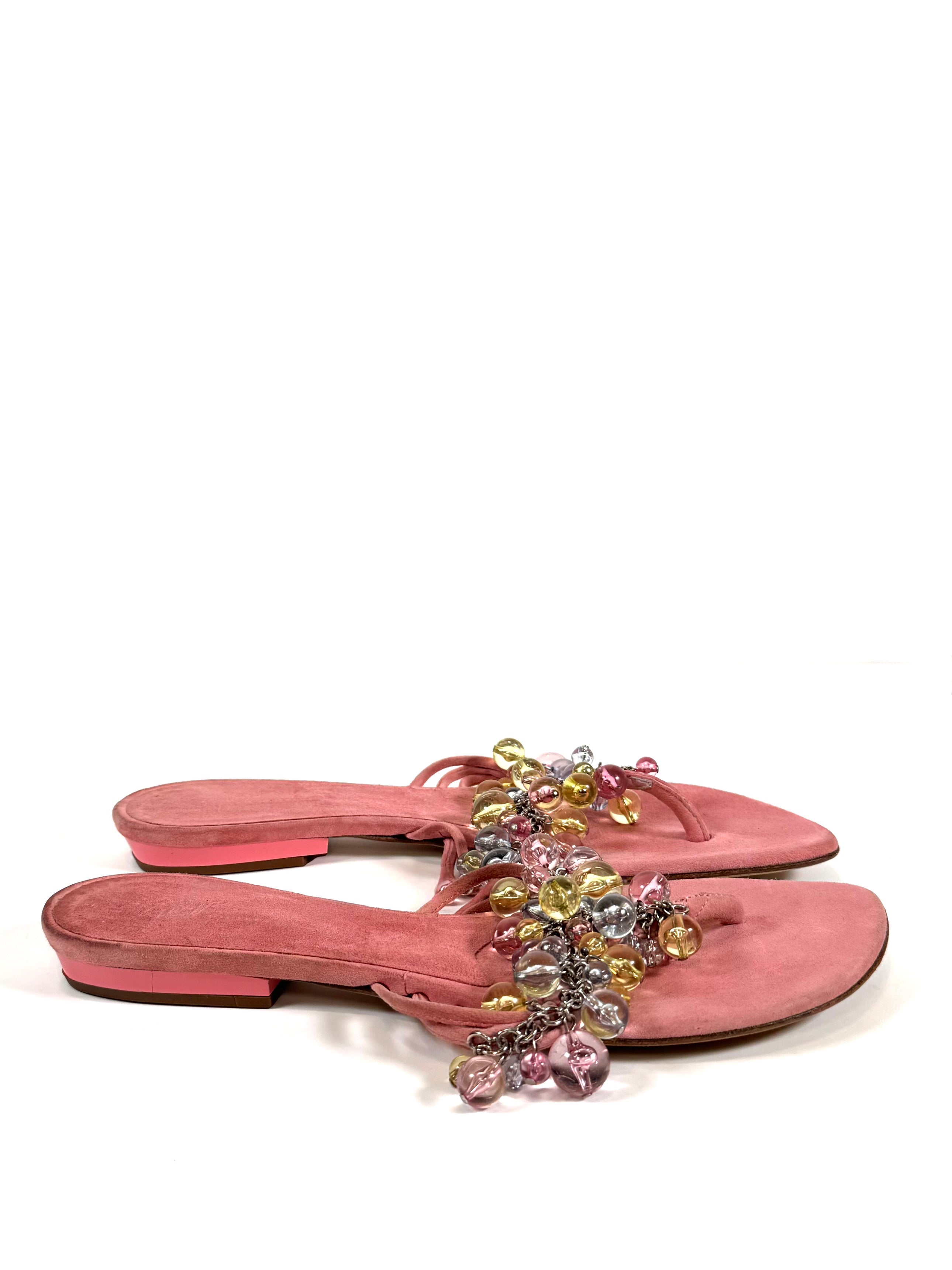 PINK SUEDE CRYSTAL CHARM SANDALS
