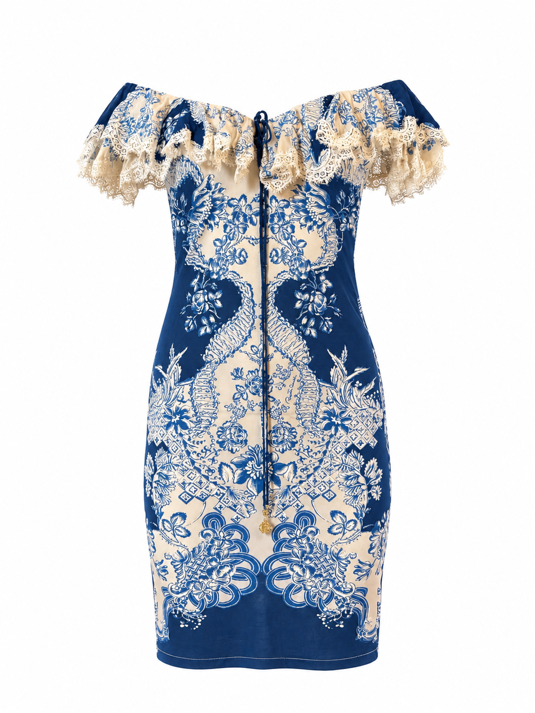 IVORY & BLUE PORCELAIN PRINTED OFF THE SHOULDER DRESS