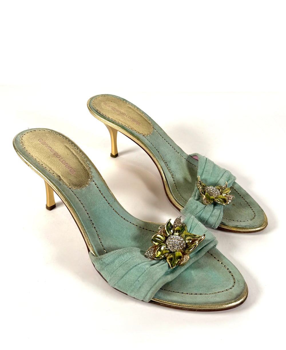 00S TEAL CRYSTAL ENAMEL FLOWER HEELS